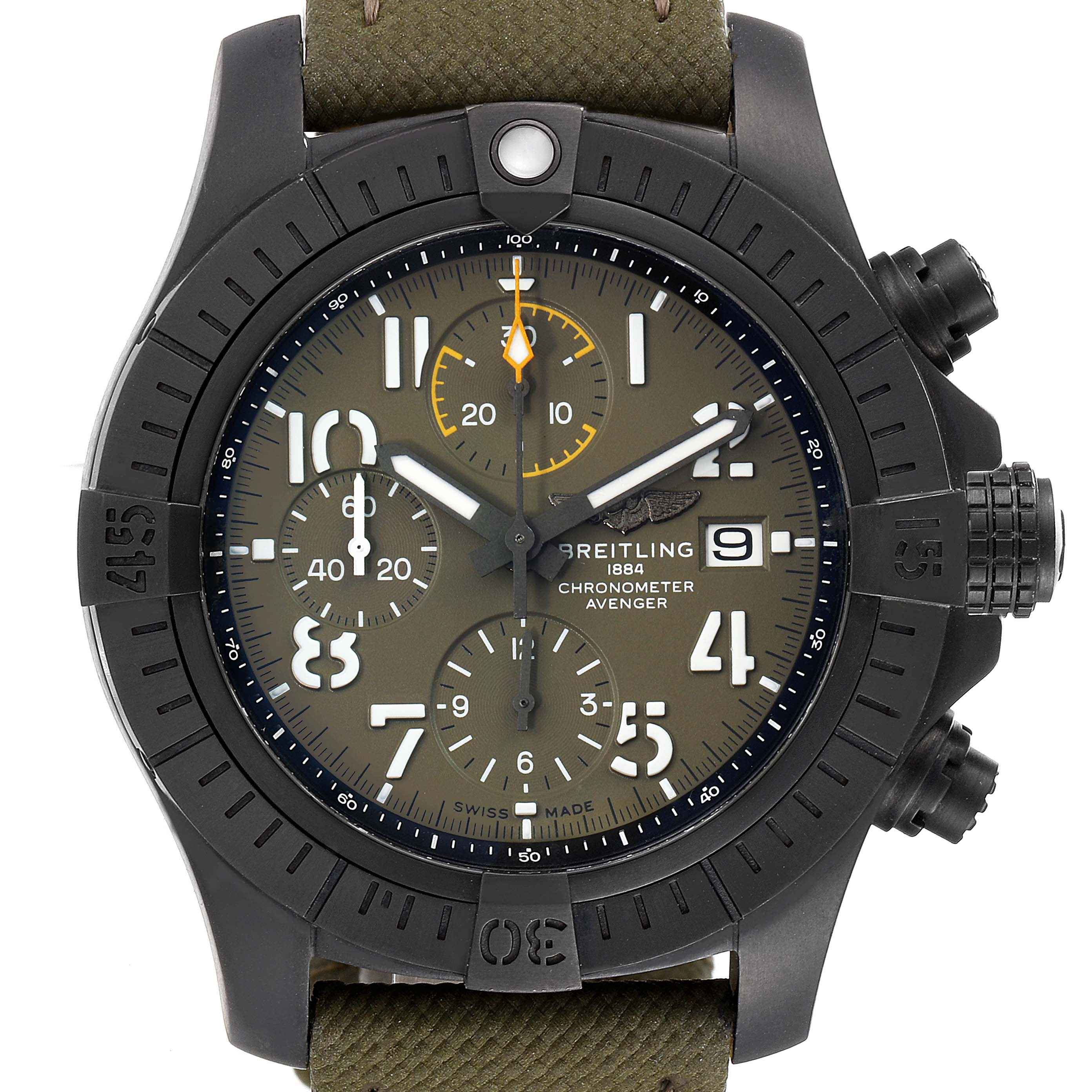 The image shows a close-up front view of the Breitling Avenger V13317101L1X2 Men's Titanium Green Dial V13317101L1X2 Men's Titanium Green Dial watch, highlighting its dial, chronograph subdials, and date window.