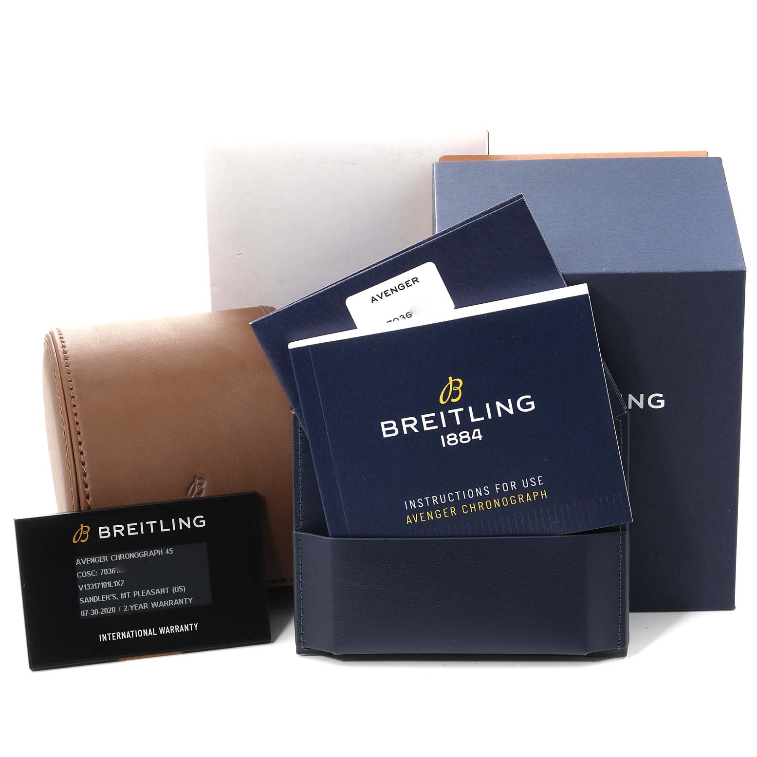 The image shows the Breitling Avenger V13317101L1X2 Men's Titanium Green Dial V13317101L1X2 Men's Titanium Green Dial watch packaging, including a box, case, manuals, and warranty card.