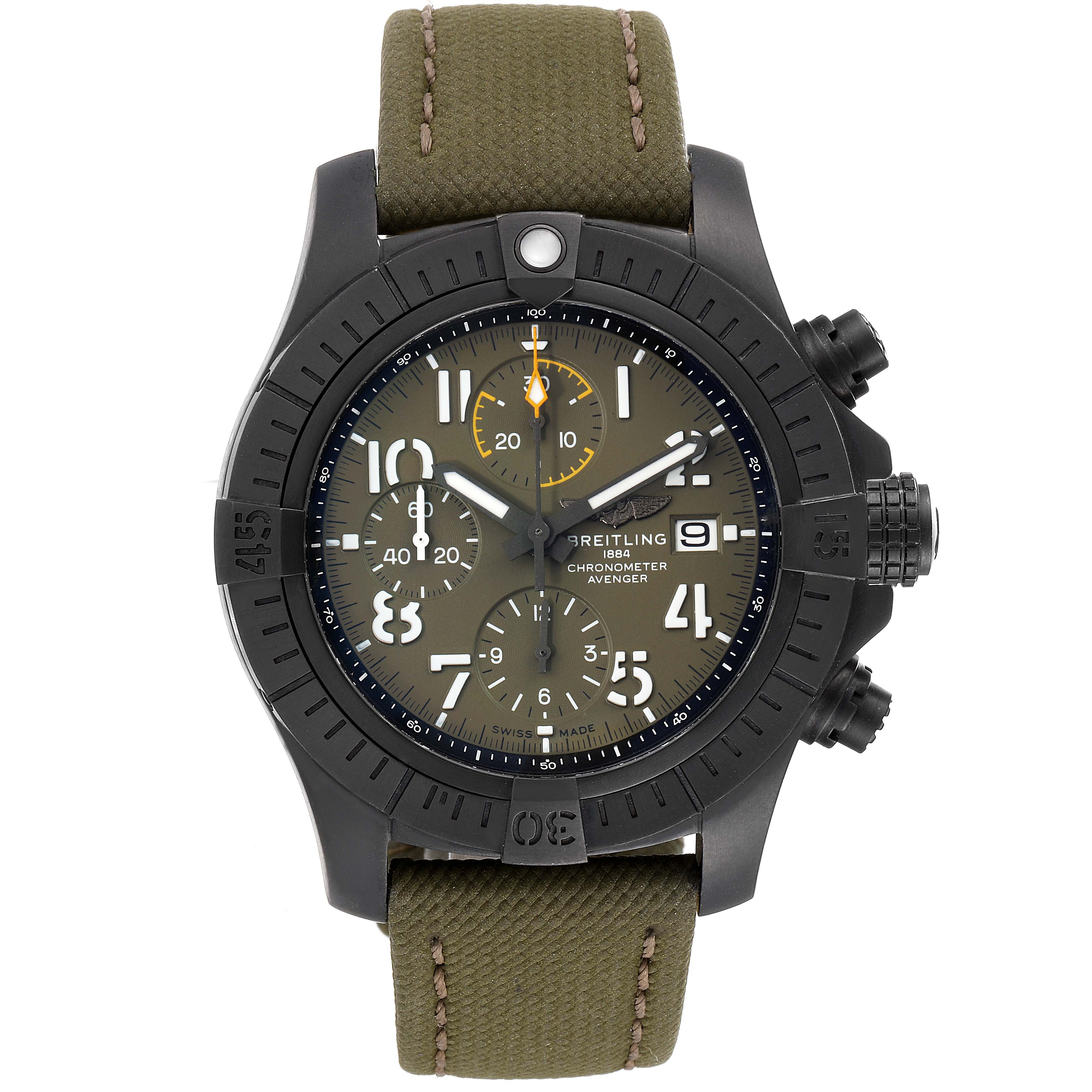 The Breitling Avenger V13317101L1X2 Men's Titanium Green Dial V13317101L1X2 Men's Titanium Green Dial watch is shown from the front, highlighting its face, bezel, chronograph, and strap.