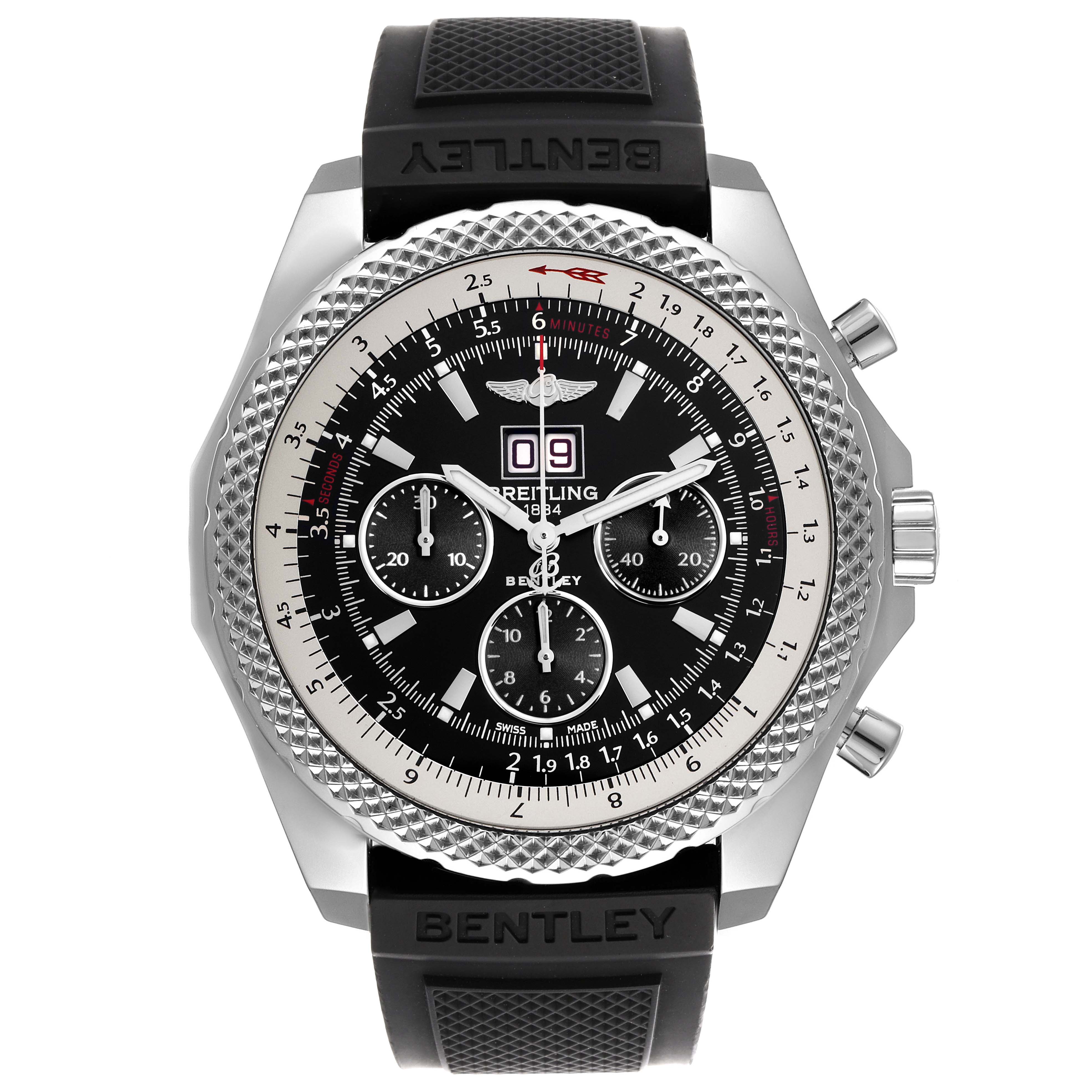 The image shows a frontal view of a Breitling Bentley A4436412/B595 Men's Stainless Steel Black Dial A4436412/B595 Men's Stainless Steel Black Dial watch, highlighting the dial, bezel, and strap.