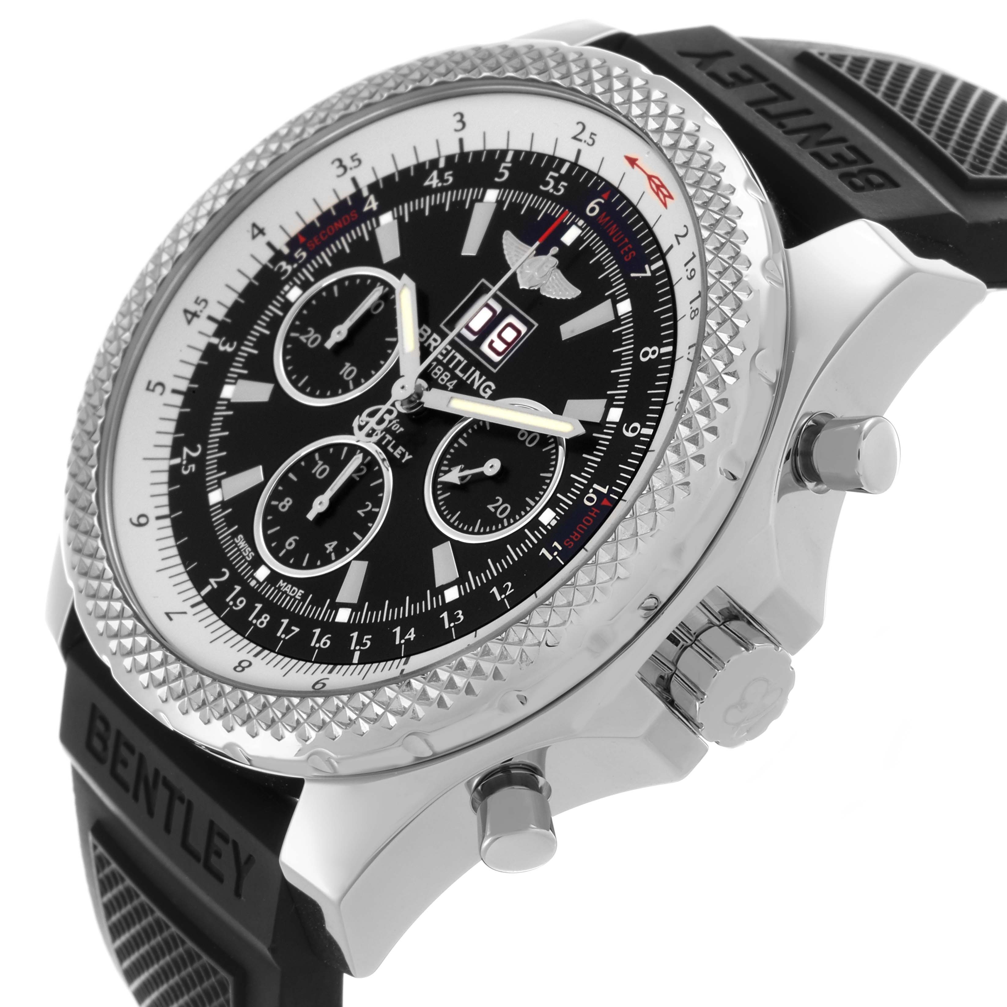 The Breitling Bentley A4436412/B595 Men's Stainless Steel Black Dial A4436412/B595 Men's Stainless Steel Black Dial watch is shown at an angled side view, highlighting the case, bezel, crown, pushers, and strap.