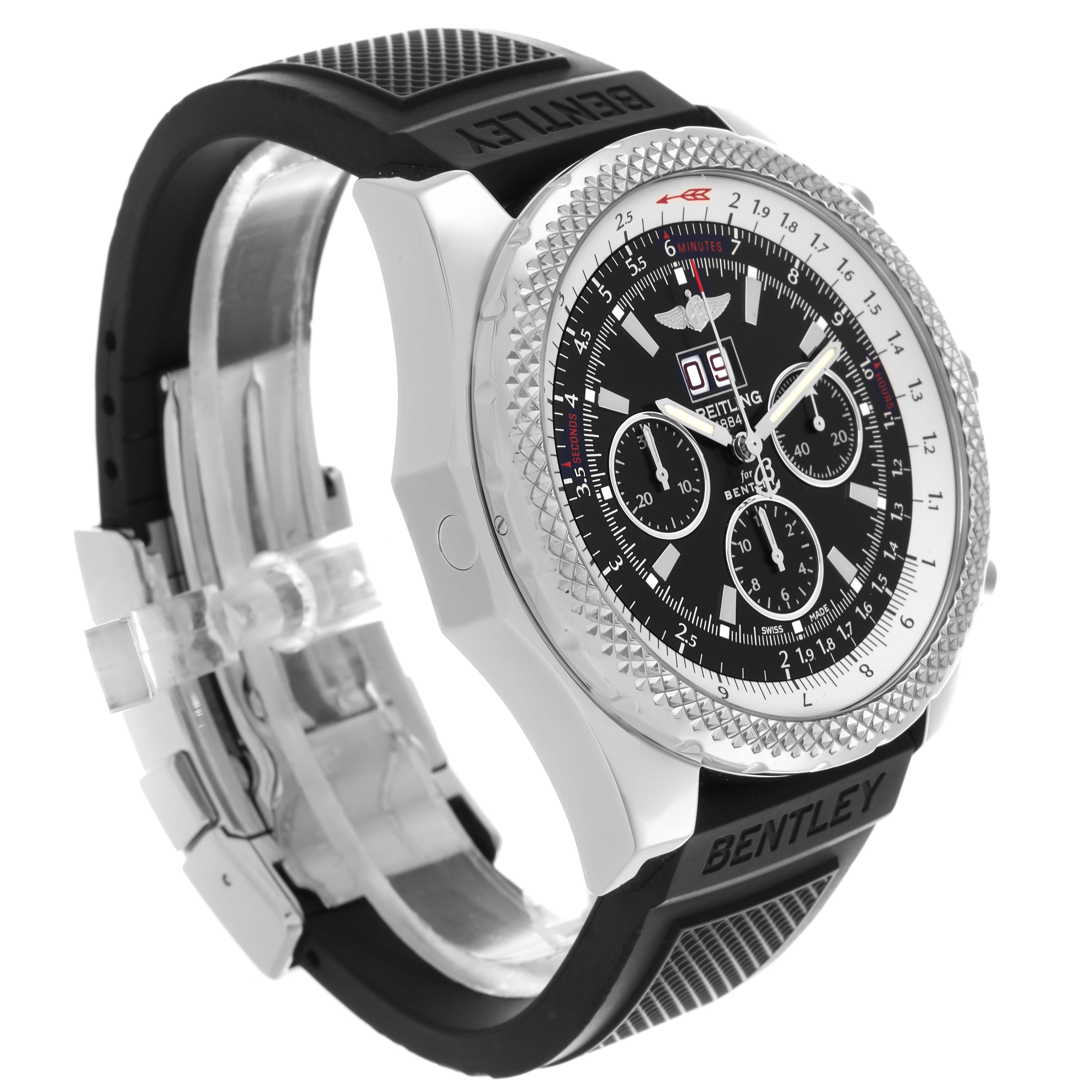 The Bentley model by Breitling is shown at an angle highlighting its bezel, dial, and rubber strap with "Bentley" branding.