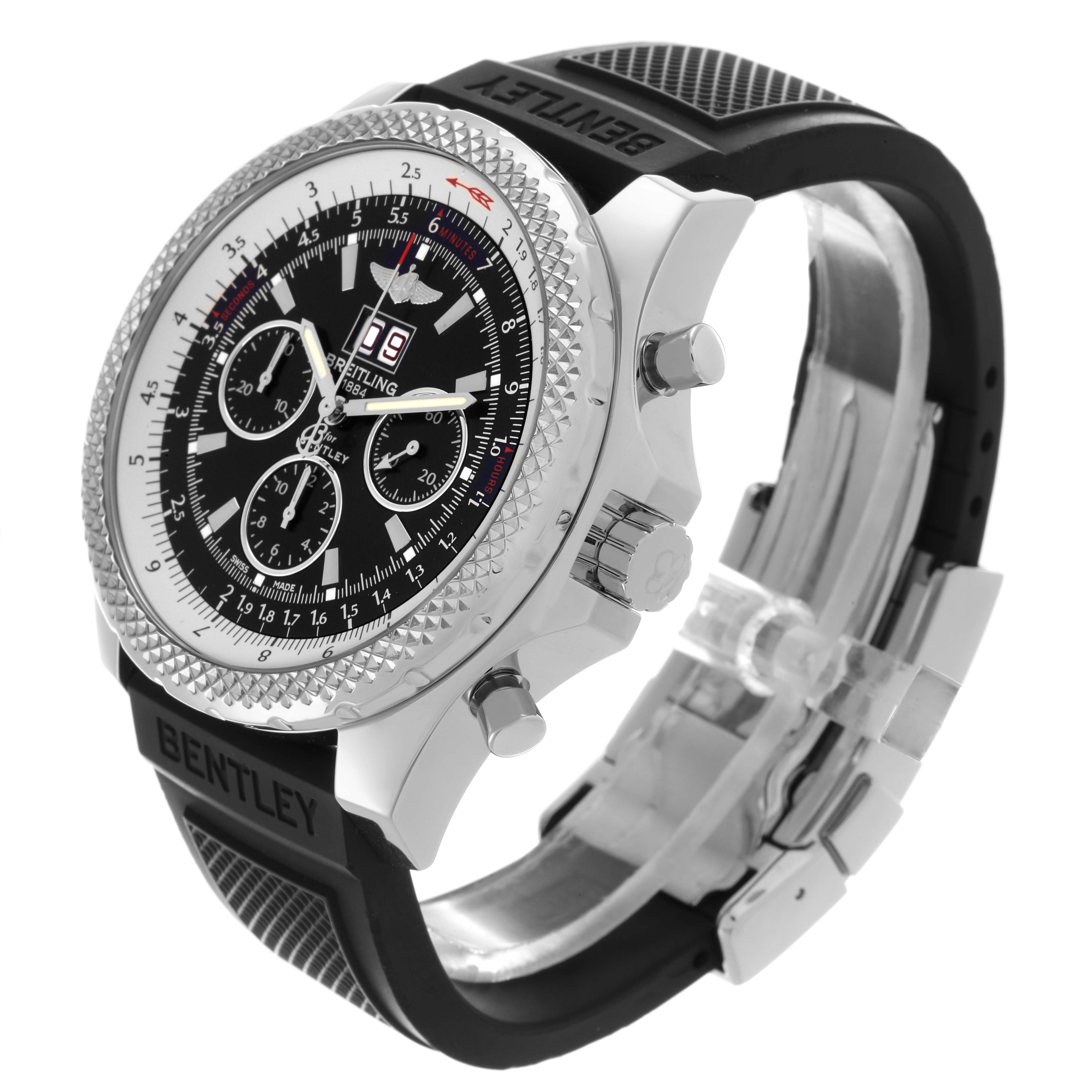 The Breitling Bentley A4436412/B595 Men's Stainless Steel Black Dial A4436412/B595 Men's Stainless Steel Black Dial watch is shown from a side angle, highlighting the face, bezel, crown, pushers, and strap.