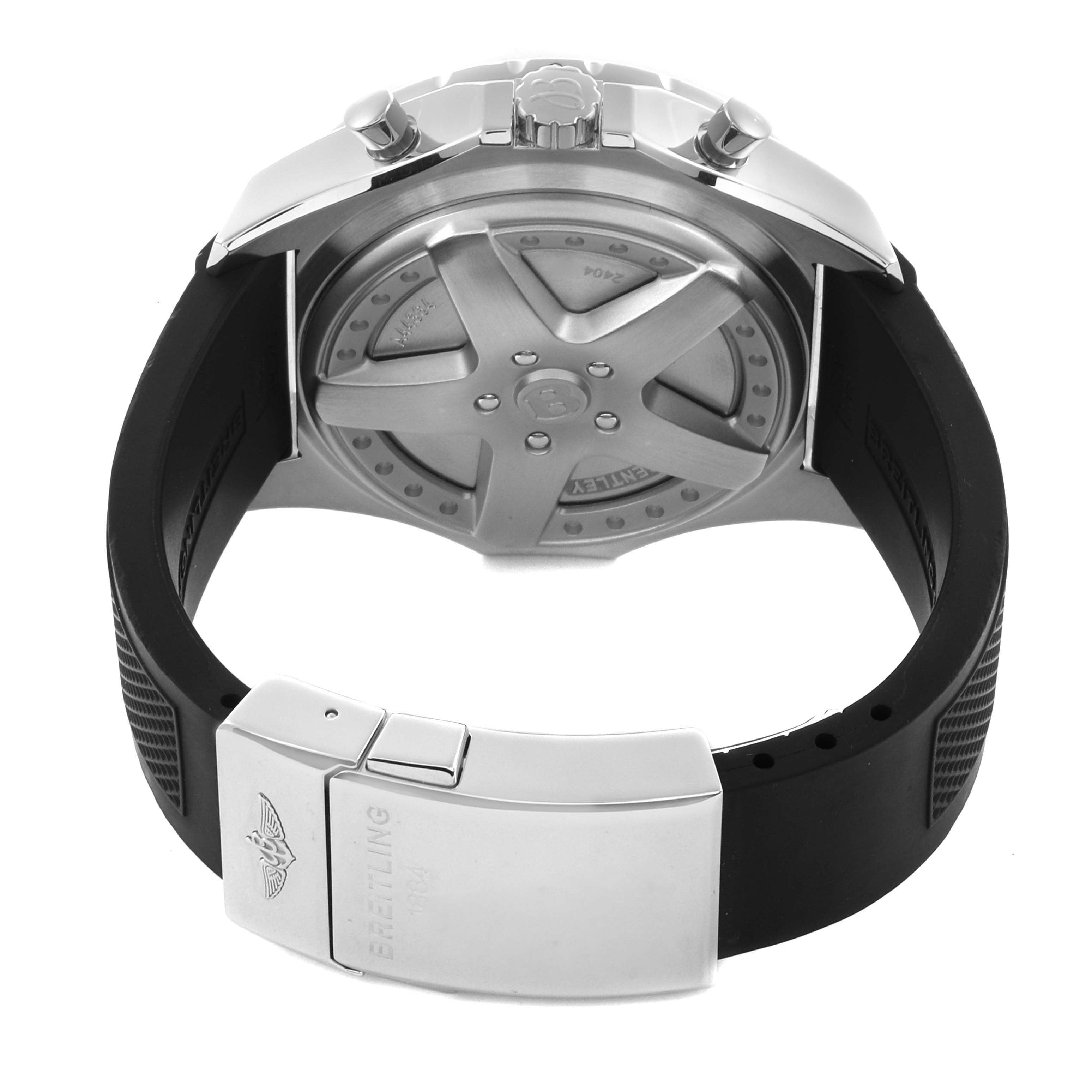The image shows a rear view of the Bentley model by Breitling, highlighting the case back and clasp.
