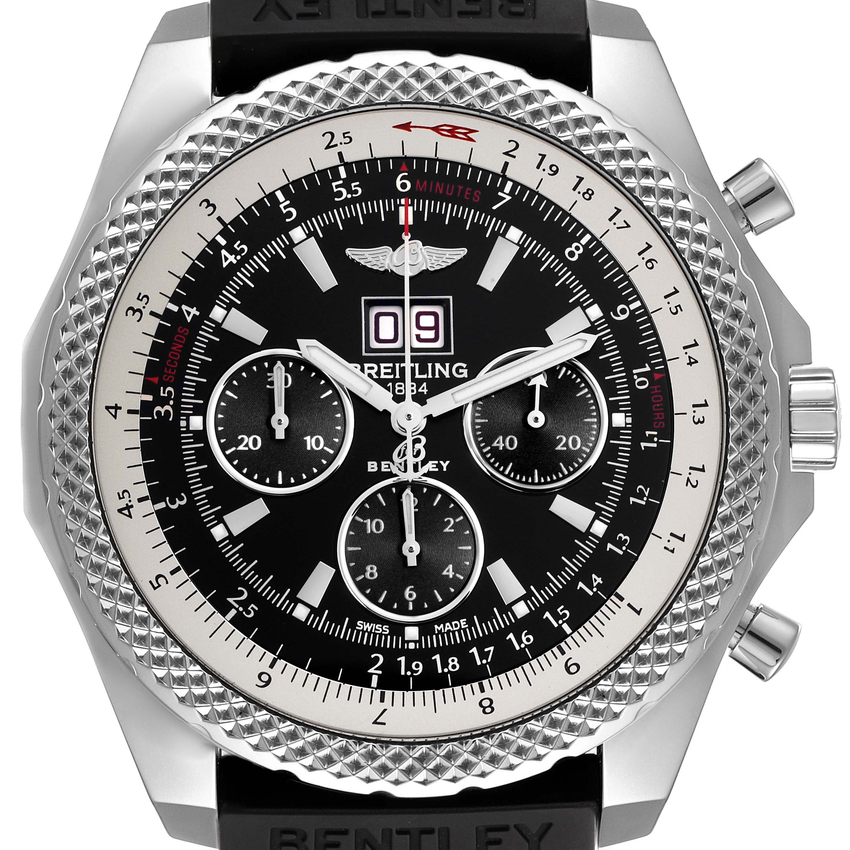 The image shows a front view of a Breitling Bentley A4436412/B595 Men's Stainless Steel Black Dial A4436412/B595 Men's Stainless Steel Black Dial watch, highlighting the dial, bezel, and chronograph features.