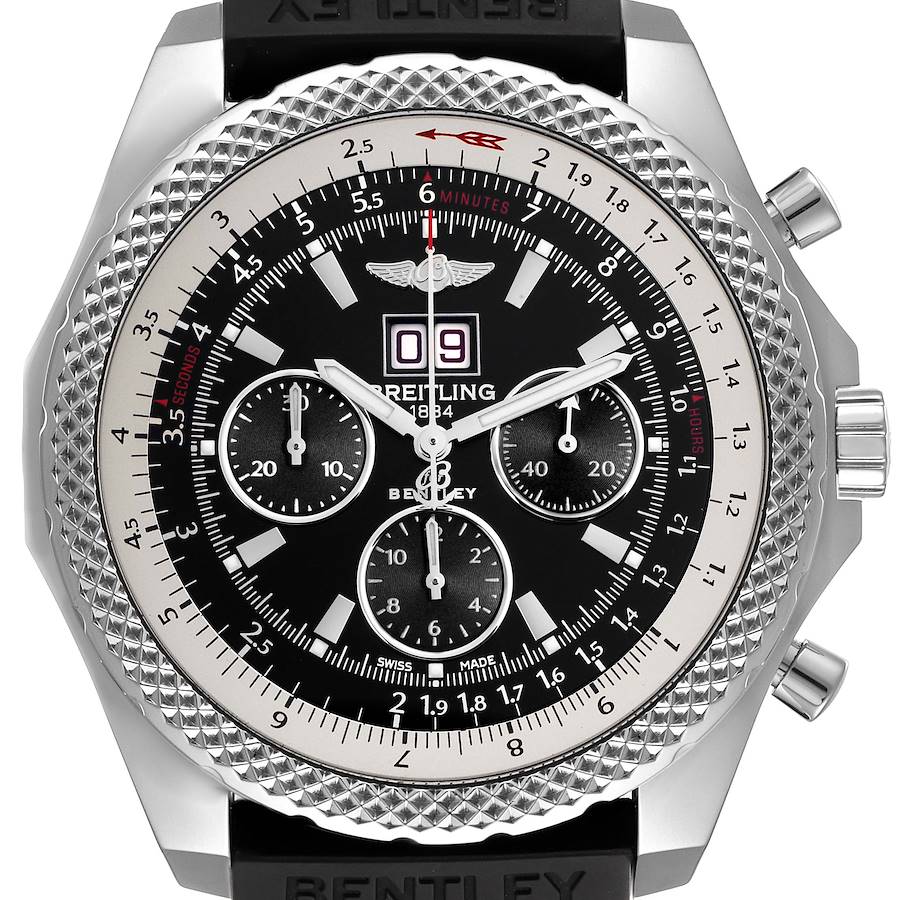 The image shows a front view of a Breitling Bentley watch, highlighting the dial, bezel, and chronograph features.