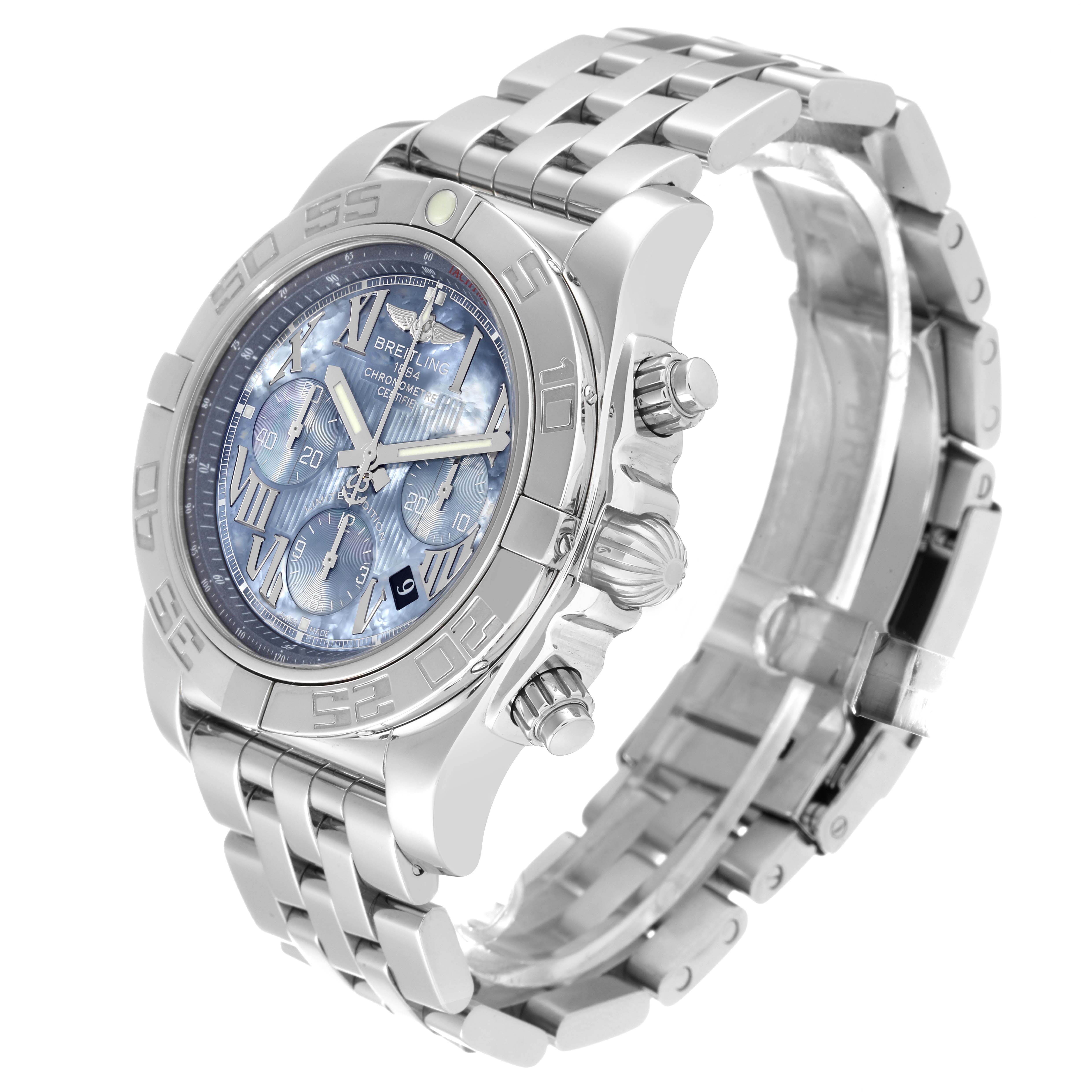 The Breitling Chronomat AB0110 Men's Stainless Steel Mother of Pearl Dial AB0110 Men's Stainless Steel Mother of Pearl Dial watch is shown at a slight angle, displaying the dial, bezel, crown, and metal strap.