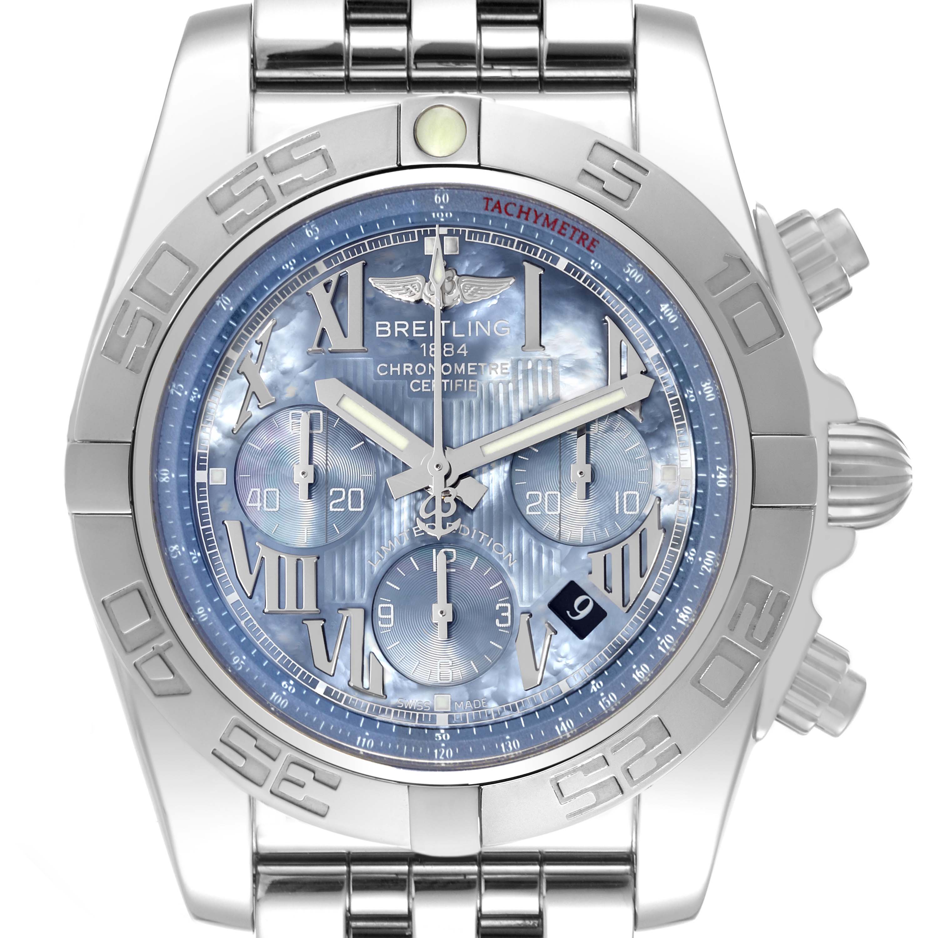 The image shows a Breitling Chronomat AB0110 Men's Stainless Steel Mother of Pearl Dial AB0110 Men's Stainless Steel Mother of Pearl Dial watch from a front angle, highlighting the face, bezel, crown, and bracelet.