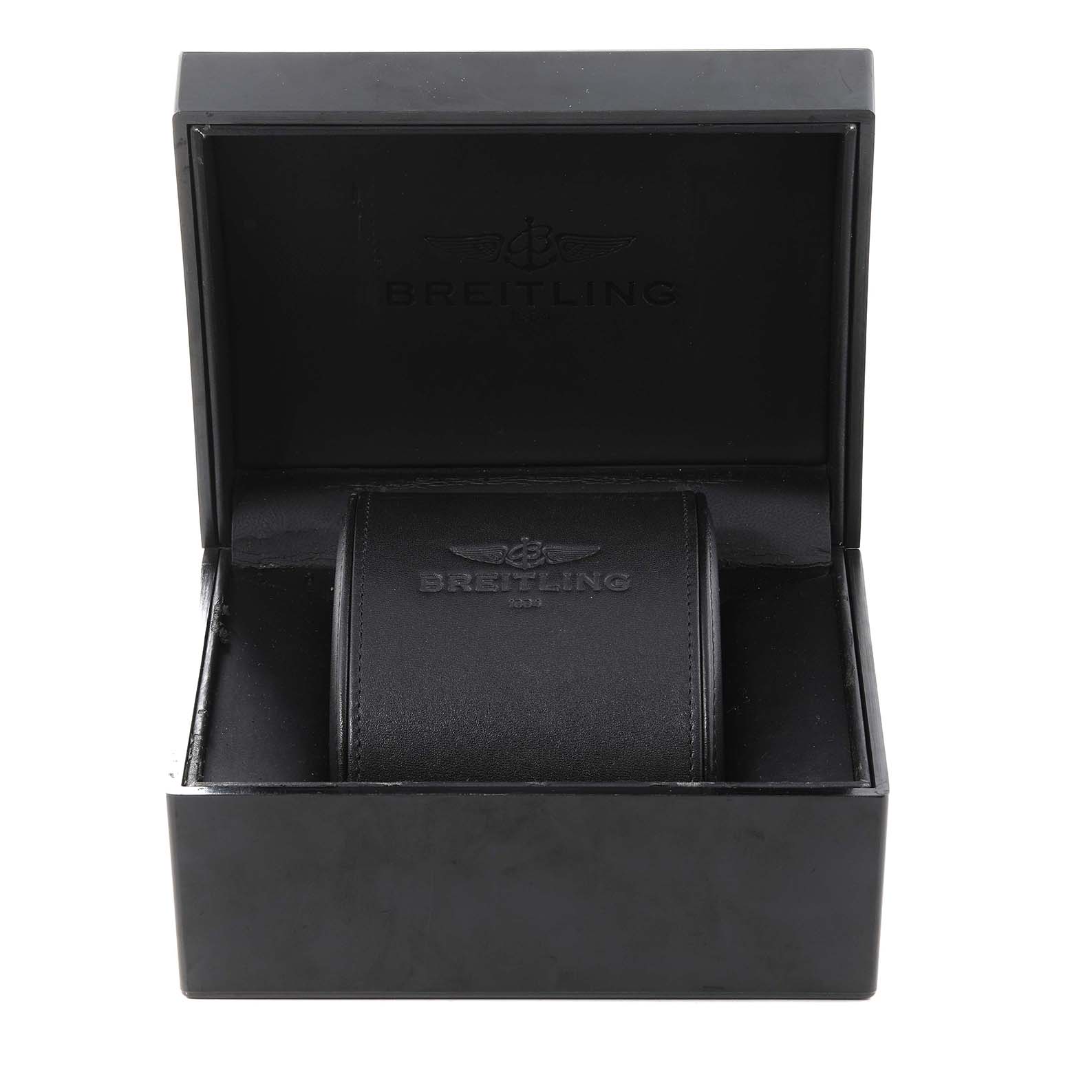 The image shows the Breitling Chronomat AB0110 Men's Stainless Steel Mother of Pearl Dial AB0110 Men's Stainless Steel Mother of Pearl Dial watch box and leather watch roll, angled from the front.