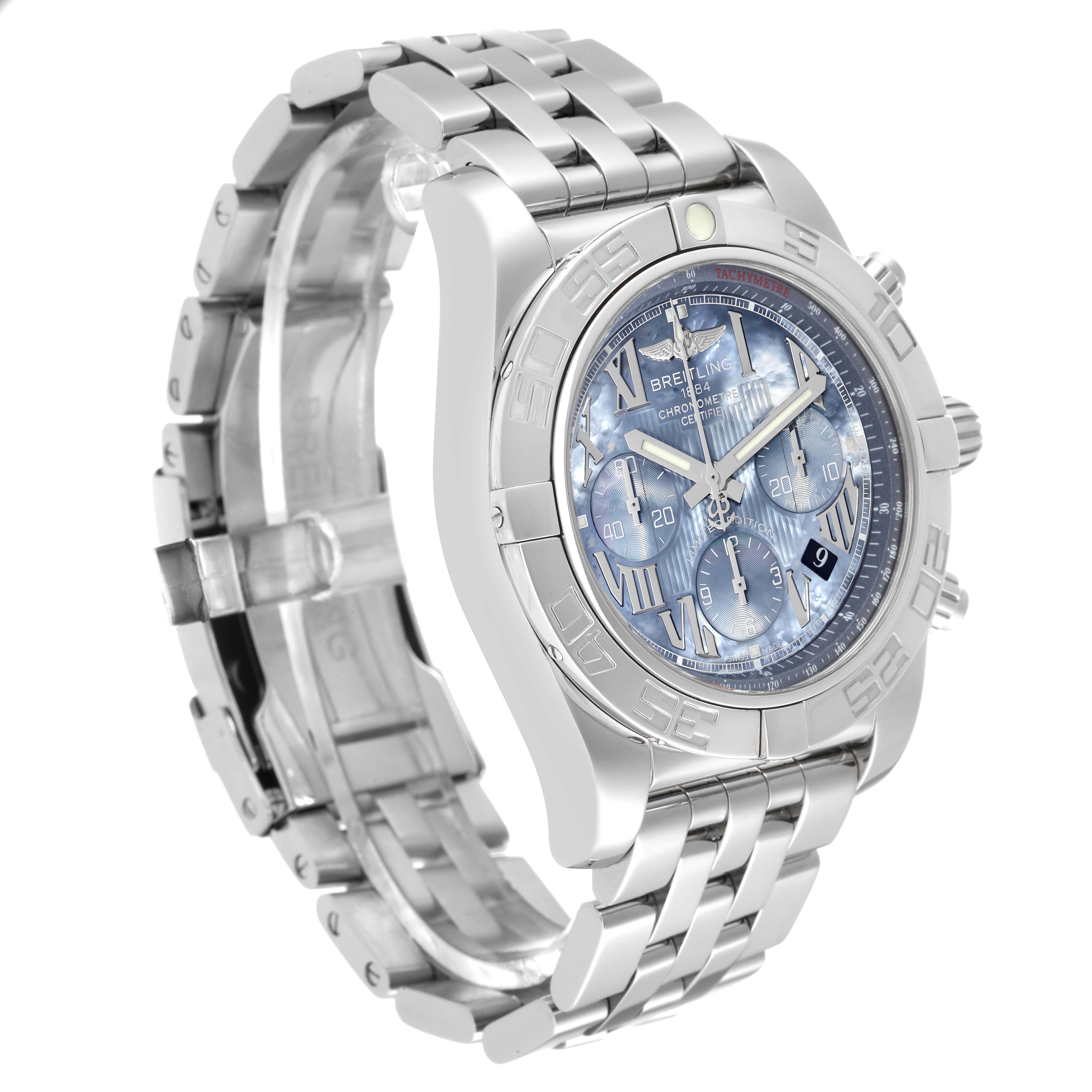 The image shows a Breitling Chronomat AB0110 Men's Stainless Steel Mother of Pearl Dial AB0110 Men's Stainless Steel Mother of Pearl Dial watch at a three-quarter angle, highlighting its face, bezel, and metal bracelet.