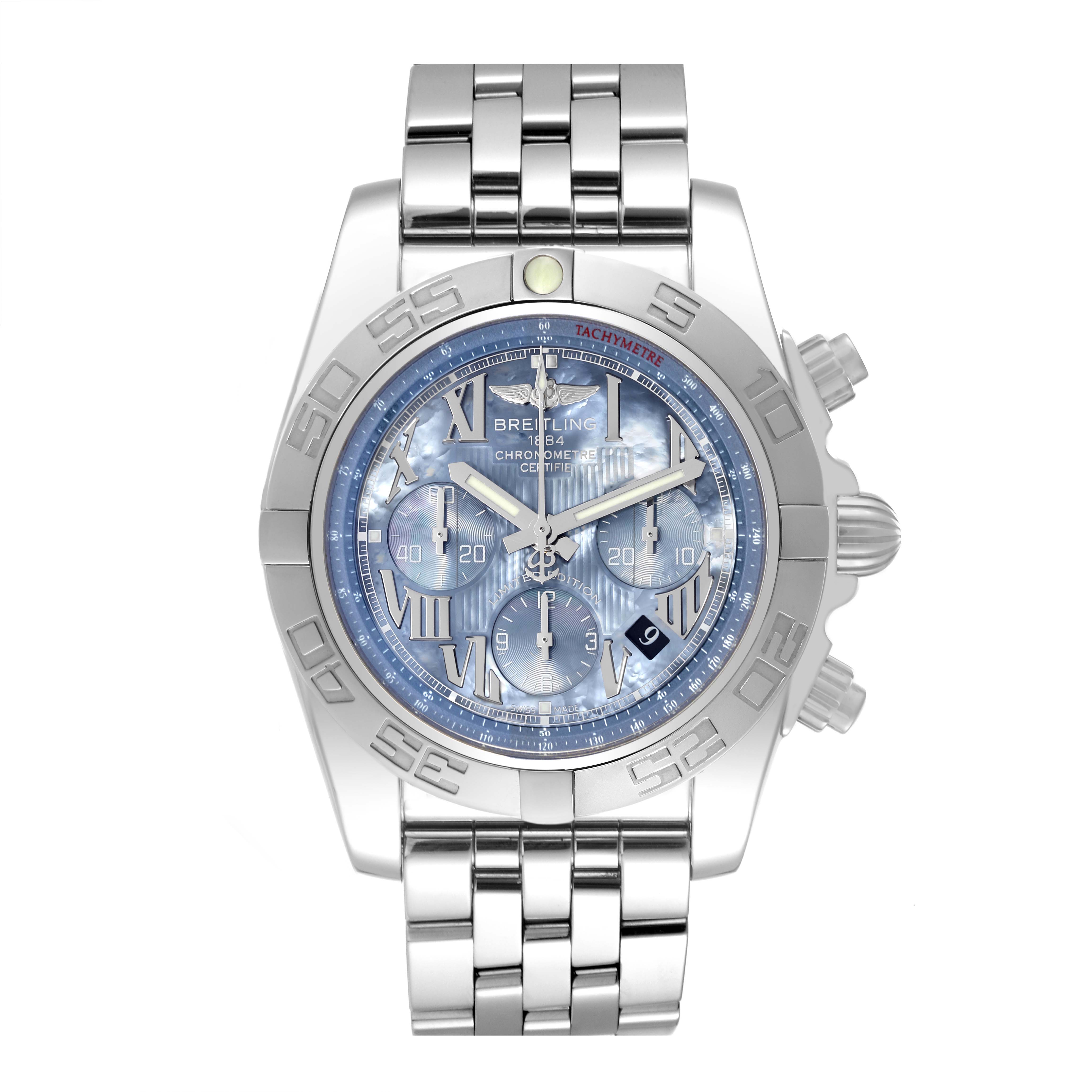 This image shows a front view of a Breitling Chronomat AB0110 Men's Stainless Steel Mother of Pearl Dial AB0110 Men's Stainless Steel Mother of Pearl Dial watch, depicting the dial, bezel, and metal bracelet.