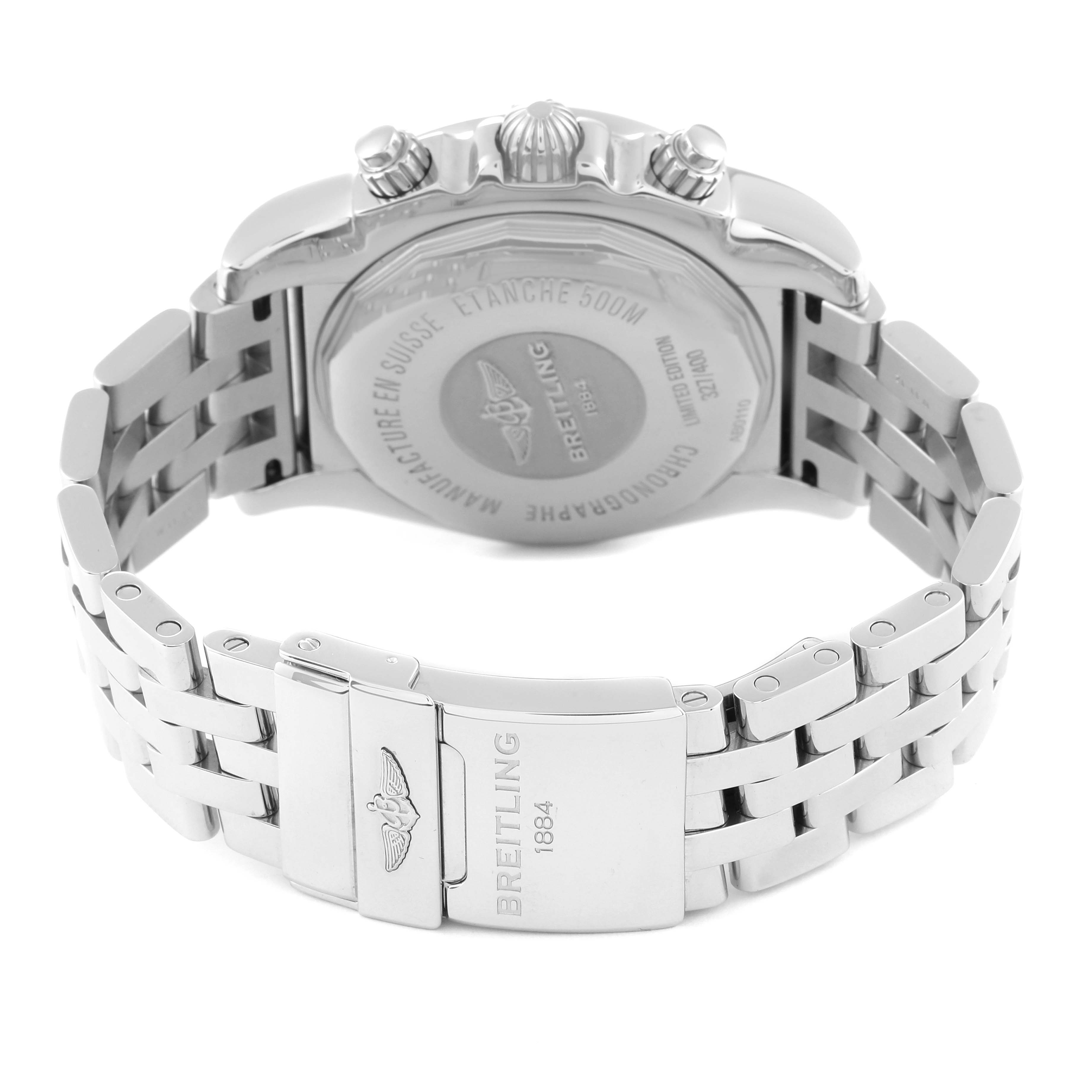 The image shows the back case and bracelet of a Breitling Chronomat AB0110 Men's Stainless Steel Mother of Pearl Dial AB0110 Men's Stainless Steel Mother of Pearl Dial watch, focusing on the clasp and case back.