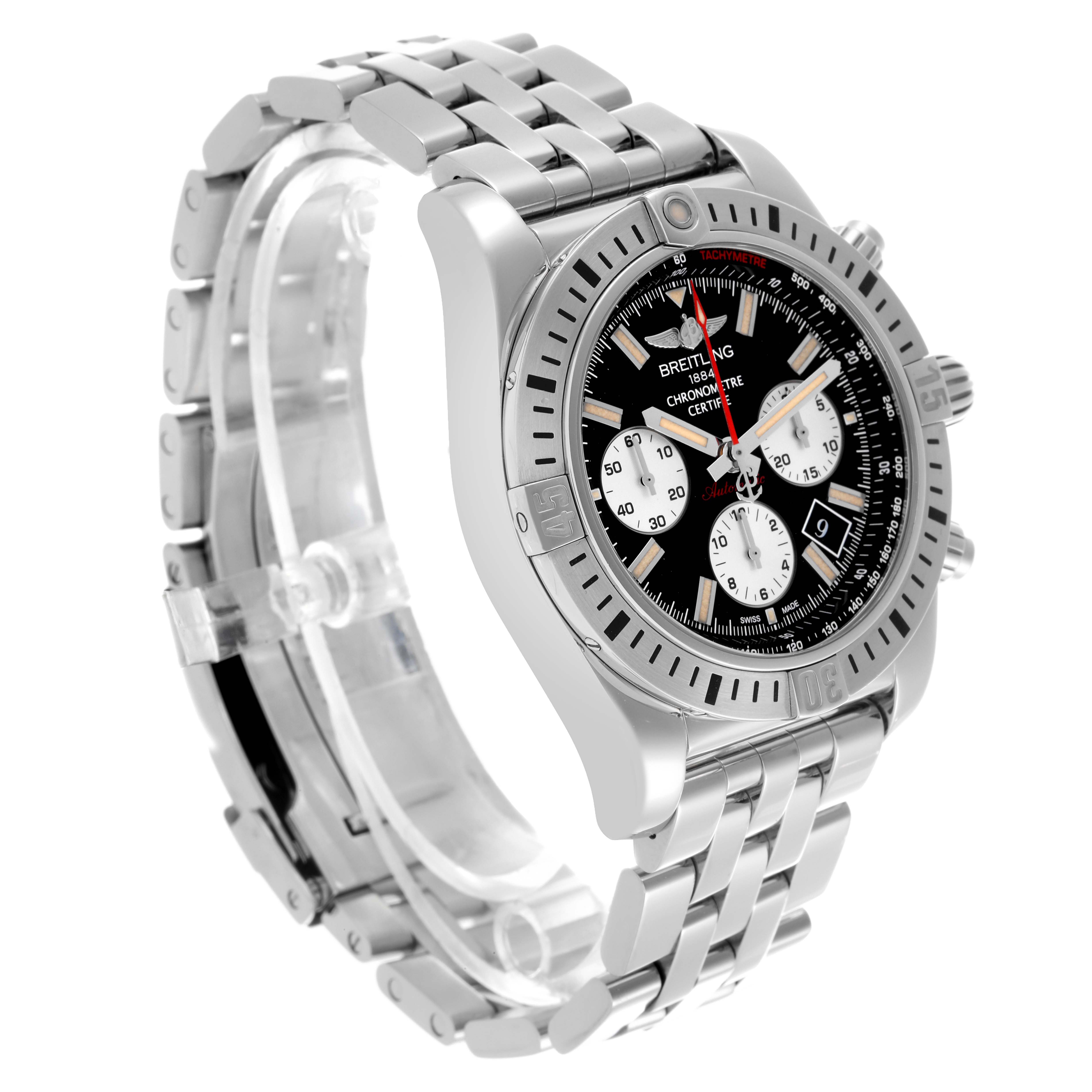 The Breitling Chronomat AB01154G/BD13 Men's Stainless Steel Black Dial AB01154G/BD13 Men's Stainless Steel Black Dial watch is shown at a three-quarter angle highlighting the face, bezel, and metal bracelet.
