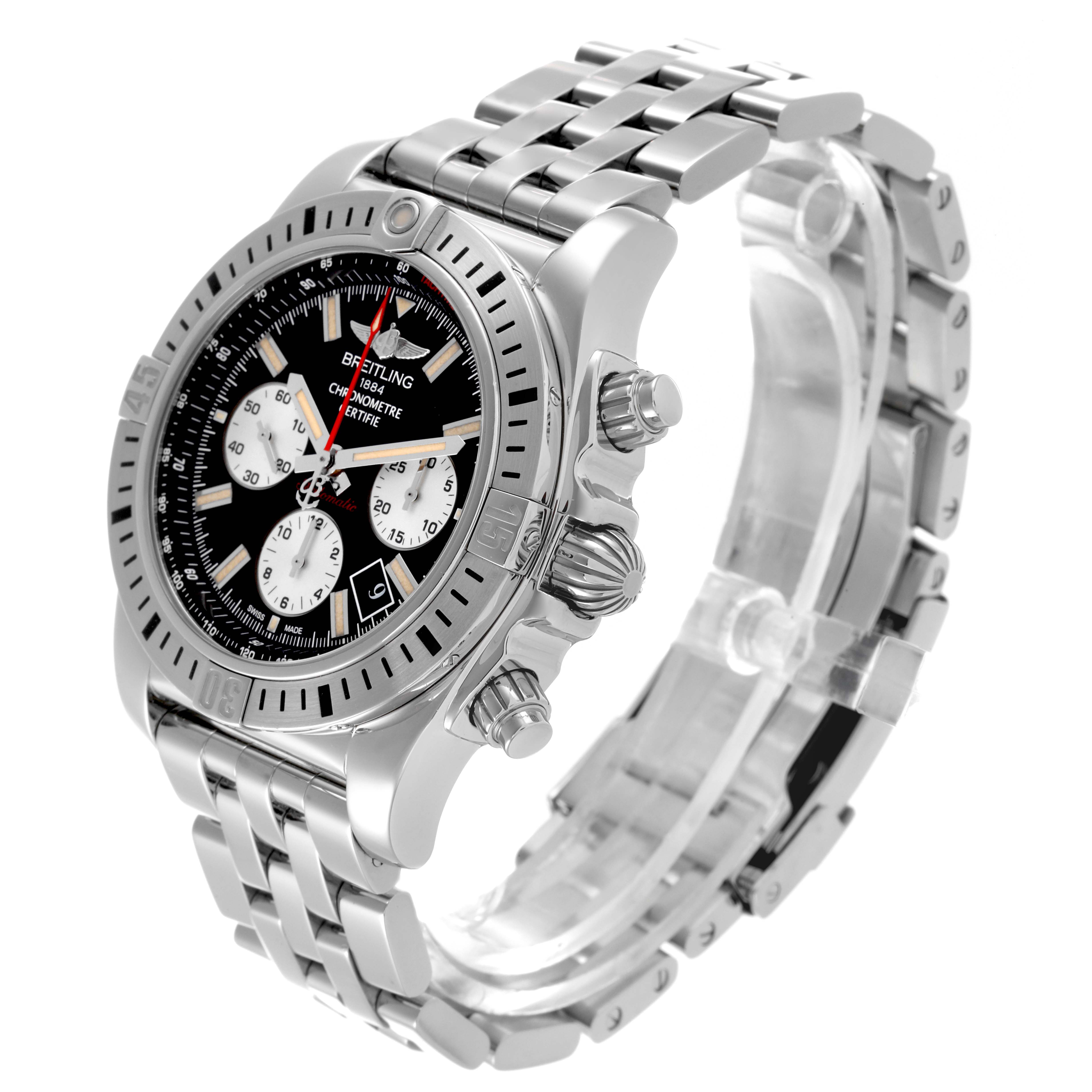 The Breitling Chronomat AB01154G/BD13 Men's Stainless Steel Black Dial AB01154G/BD13 Men's Stainless Steel Black Dial watch is shown from a three-quarter angle, highlighting the bezel, bracelet, and chronograph dials.