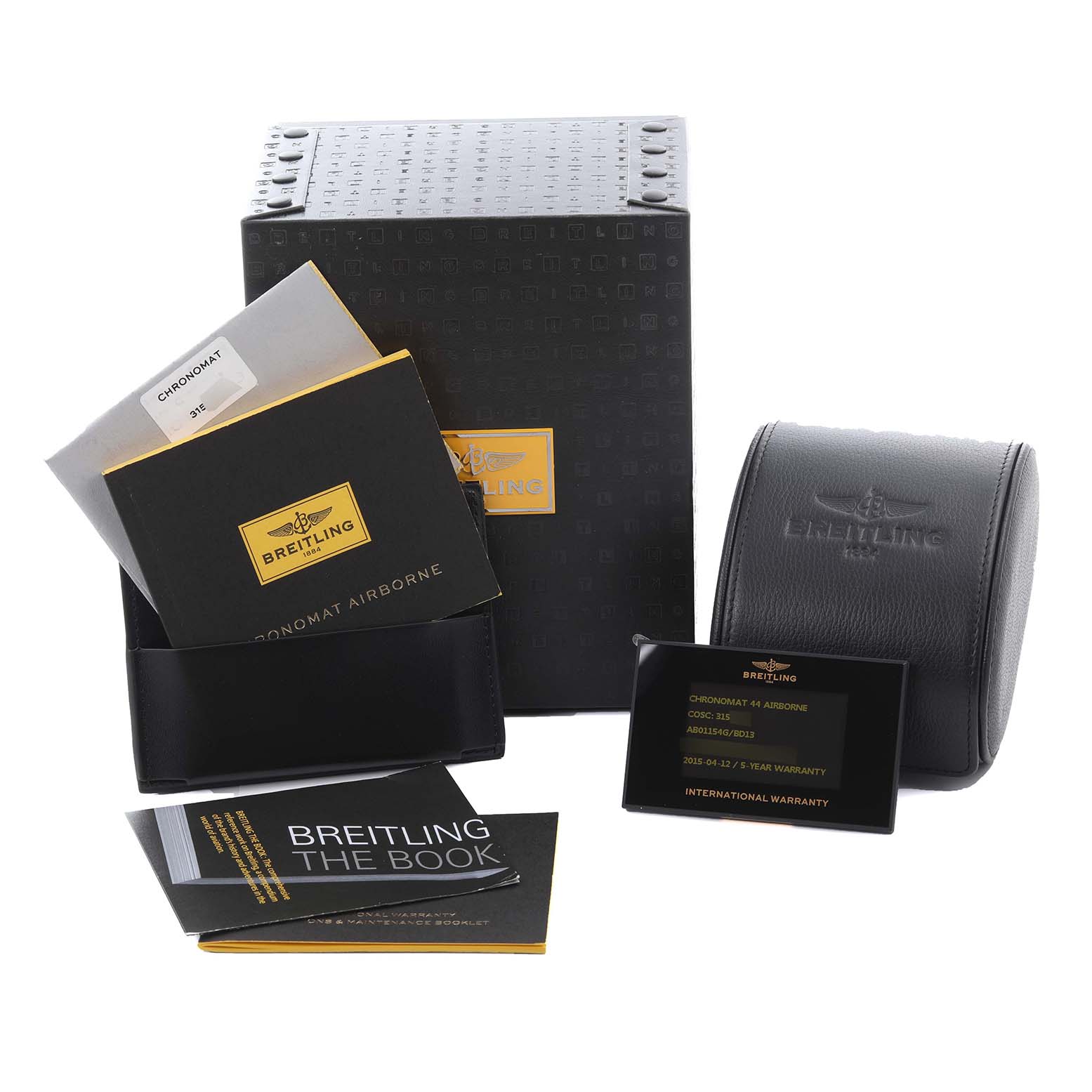 The image shows a Breitling Chronomat AB01154G/BD13 Men's Stainless Steel Black Dial AB01154G/BD13 Men's Stainless Steel Black Dial watch box, manuals, warranty card, and a leather travel case.
