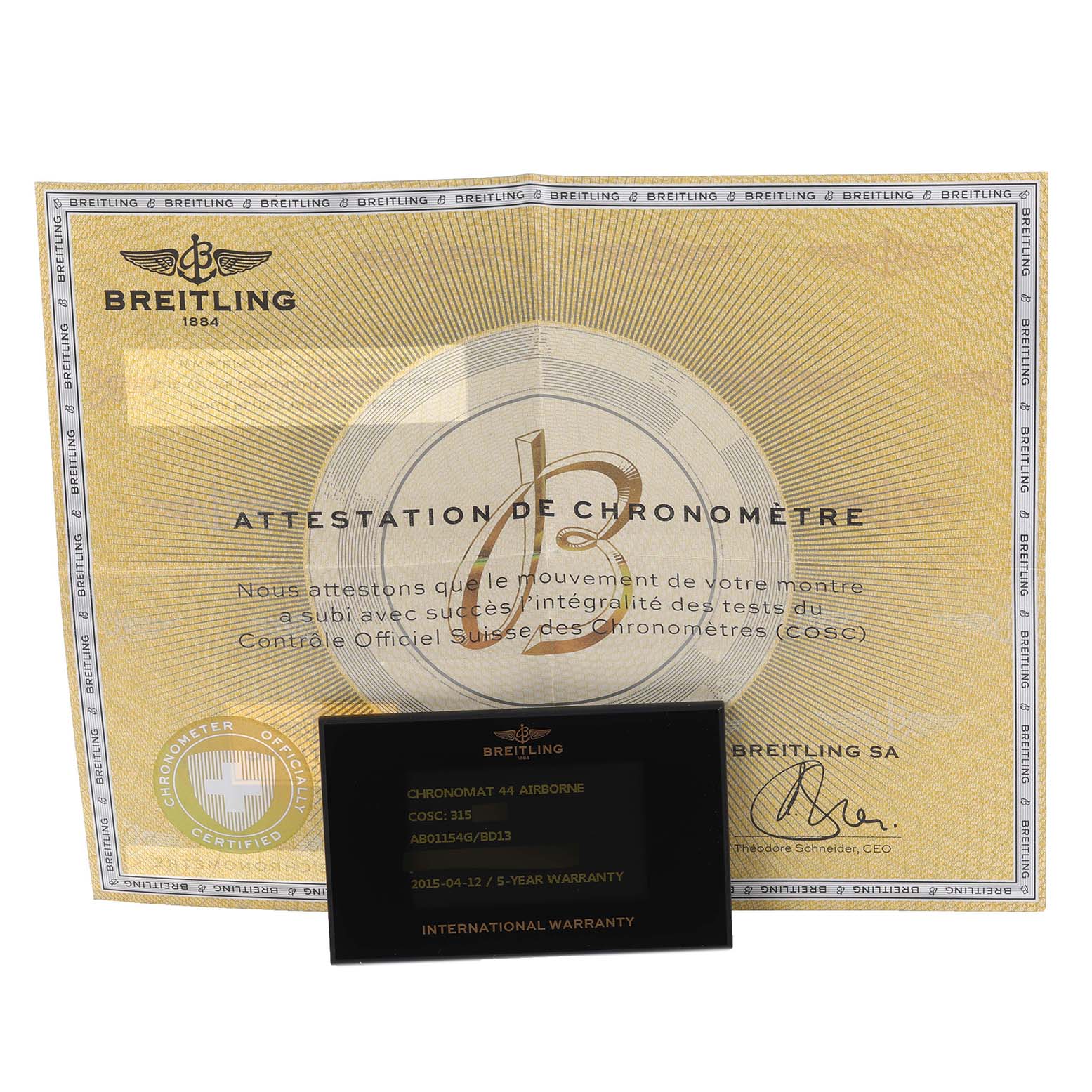 The image shows a Breitling Chronomat AB01154G/BD13 Men's Stainless Steel Black Dial AB01154G/BD13 Men's Stainless Steel Black Dial certificate and warranty card, not the watch itself.