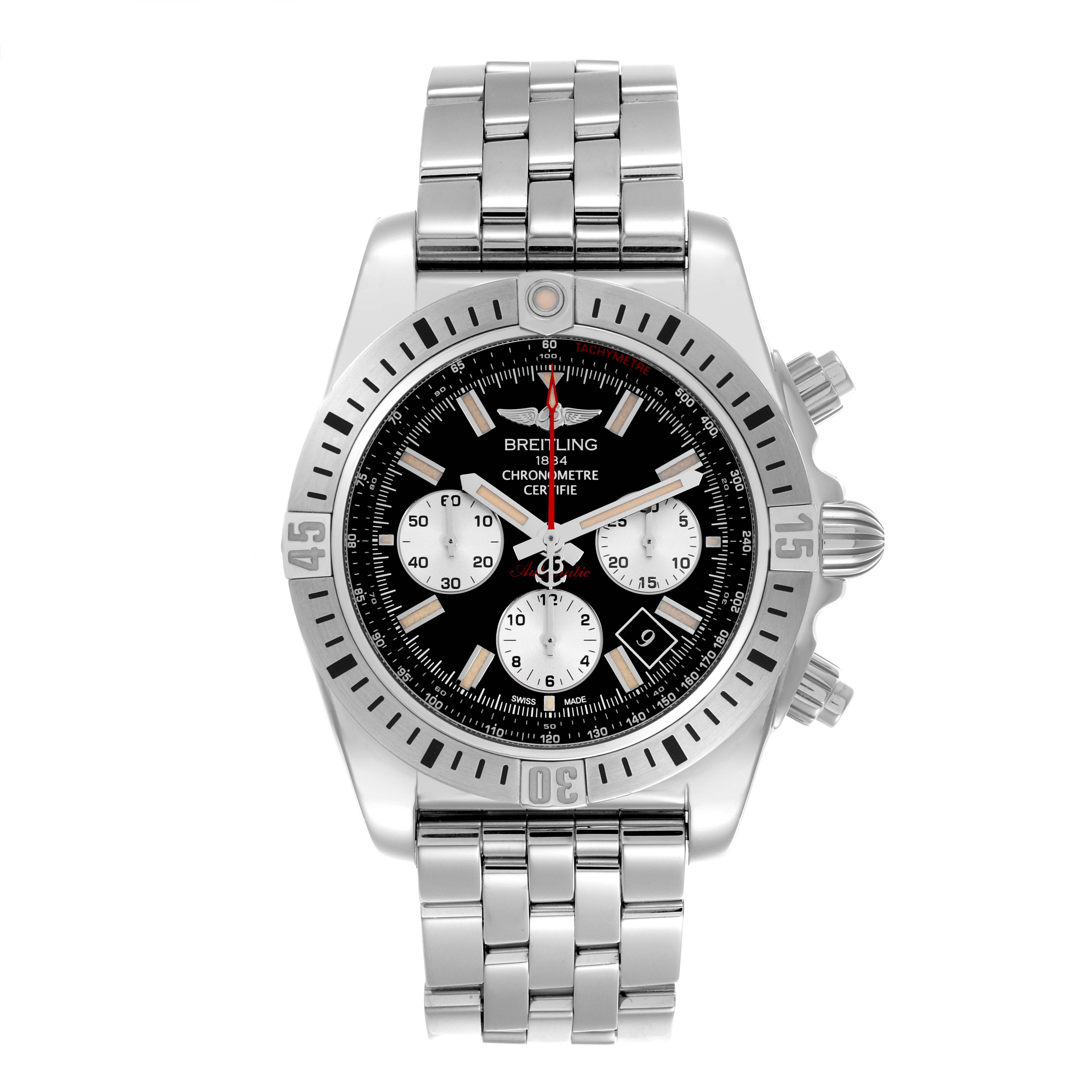 The Breitling Chronomat AB01154G/BD13 Men's Stainless Steel Black Dial AB01154G/BD13 Men's Stainless Steel Black Dial watch is shown from a top-down angle, displaying its face, bezel, crown, and bracelet.