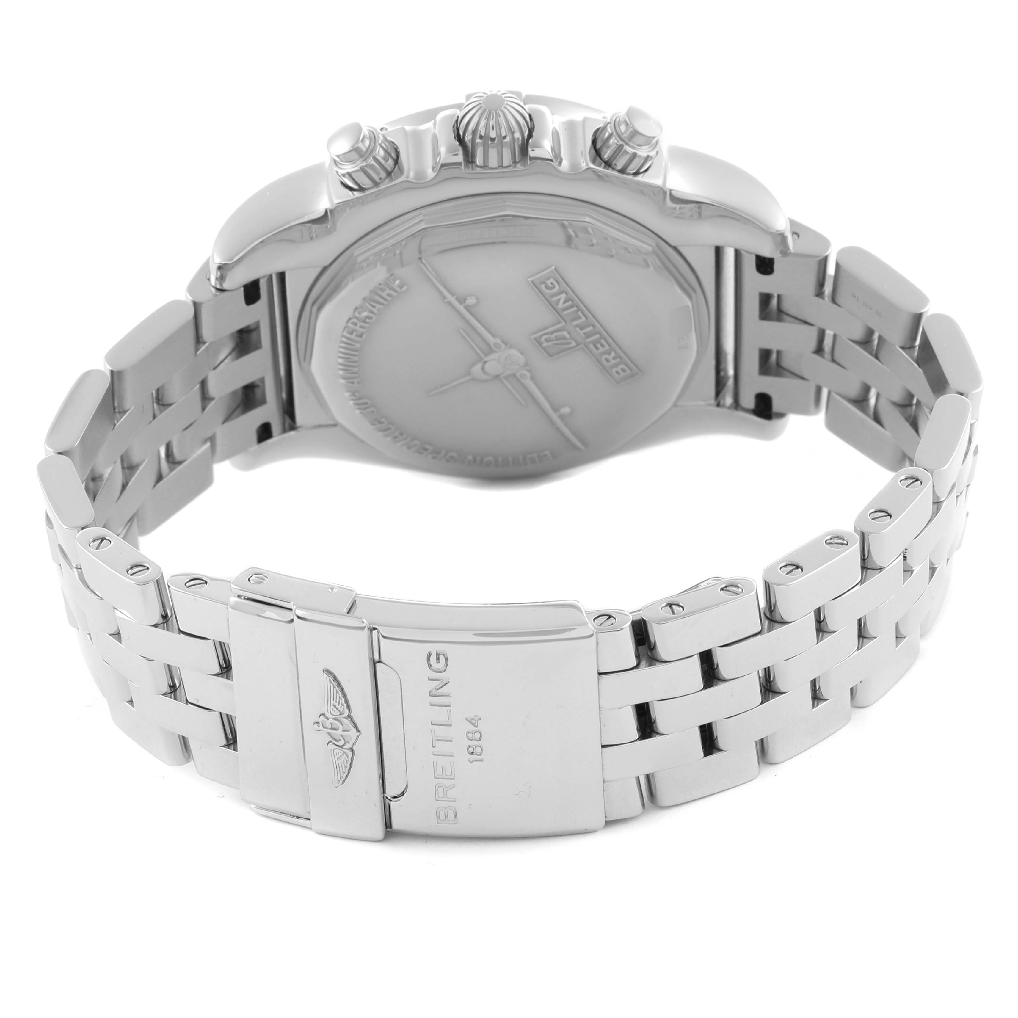 The image shows a Breitling Chronomat AB01154G/BD13 Men's Stainless Steel Black Dial AB01154G/BD13 Men's Stainless Steel Black Dial watch from the back, highlighting the clasp, bracelet, and caseback features.