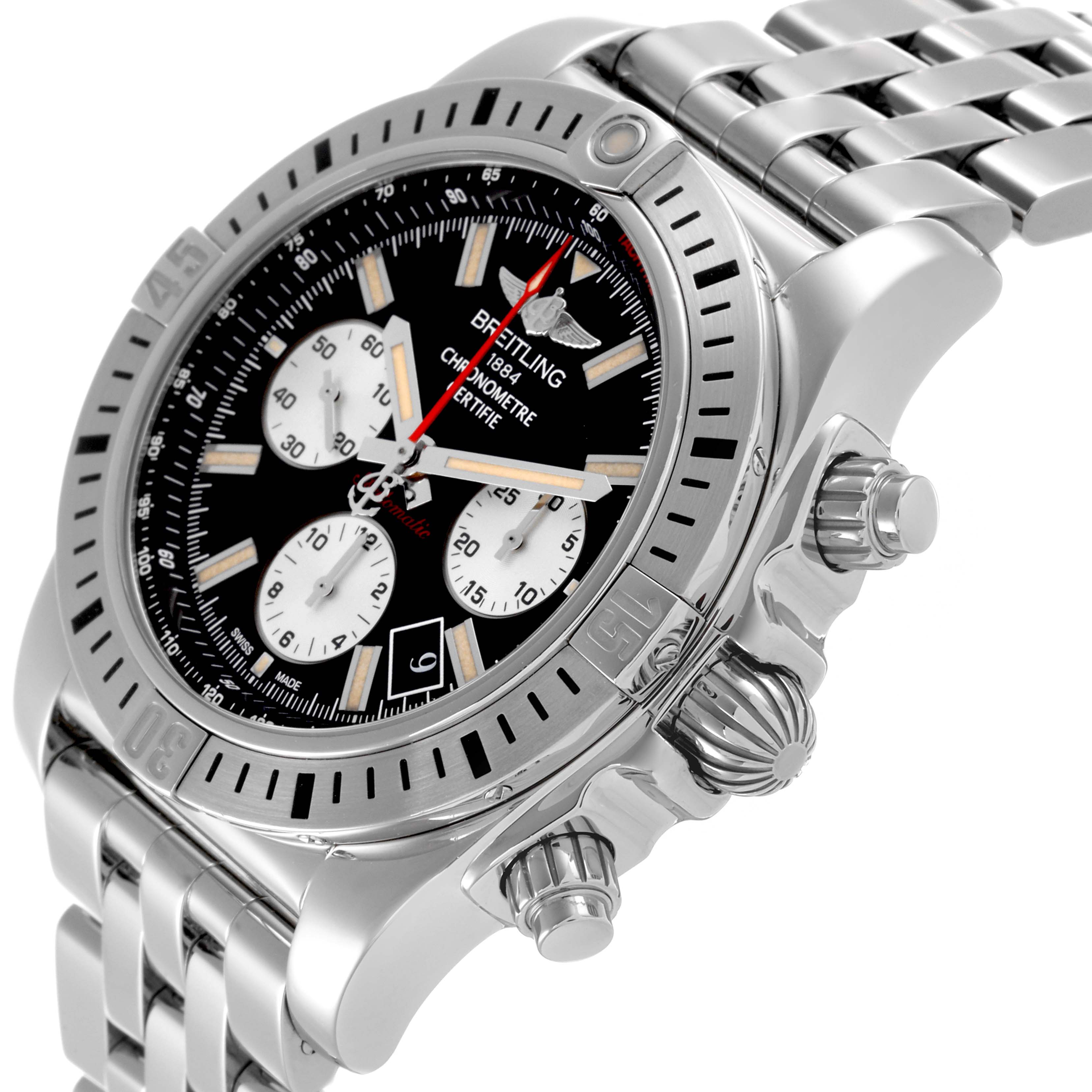 The Breitling Chronomat AB01154G/BD13 Men's Stainless Steel Black Dial AB01154G/BD13 Men's Stainless Steel Black Dial watch is shown at an oblique angle, highlighting the face, bezel, pushers, and stainless steel bracelet.