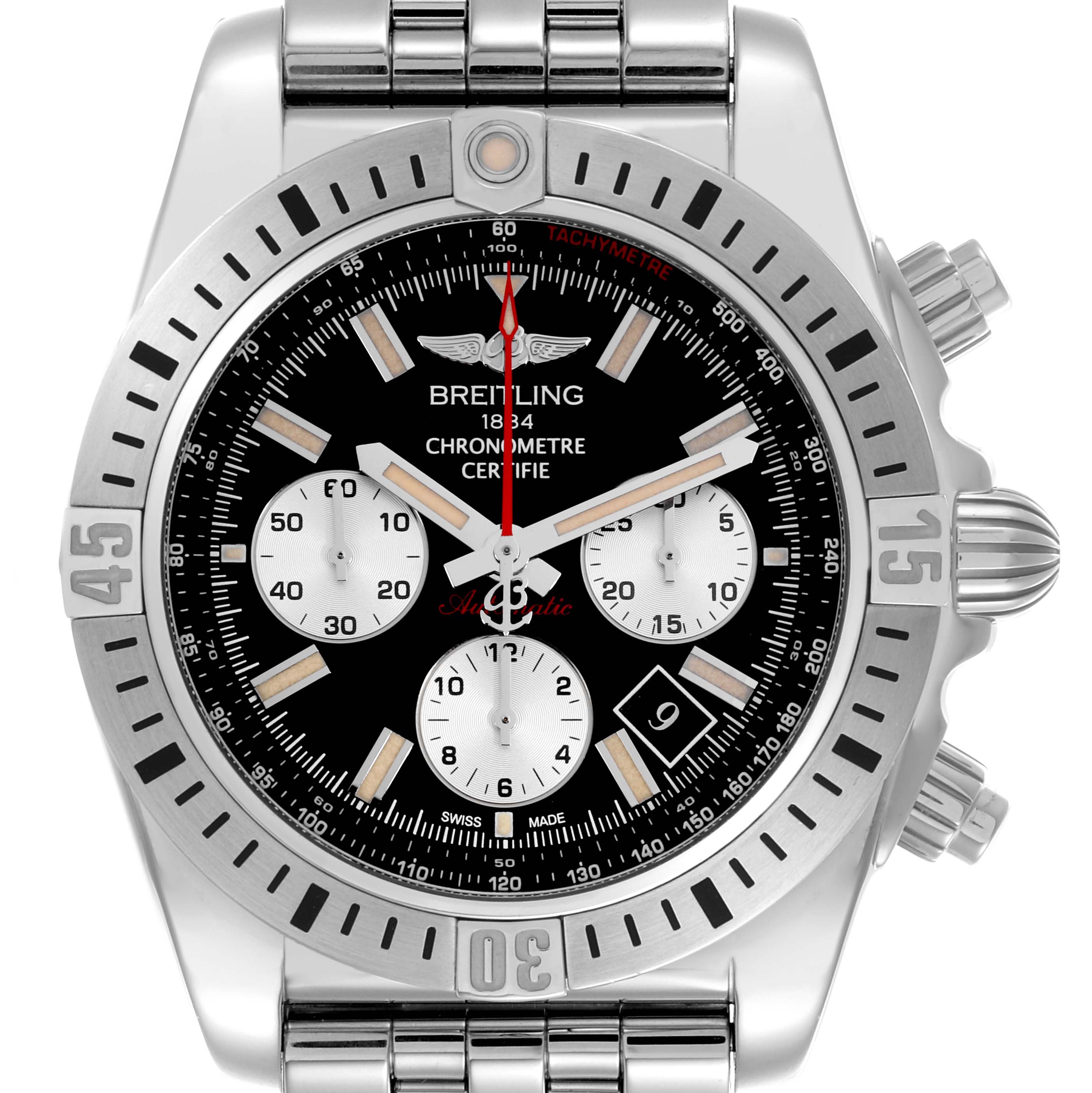 The Breitling Chronomat AB01154G/BD13 Men's Stainless Steel Black Dial AB01154G/BD13 Men's Stainless Steel Black Dial watch is shown from the front, highlighting the dial, bezel, crown, and steel bracelet.