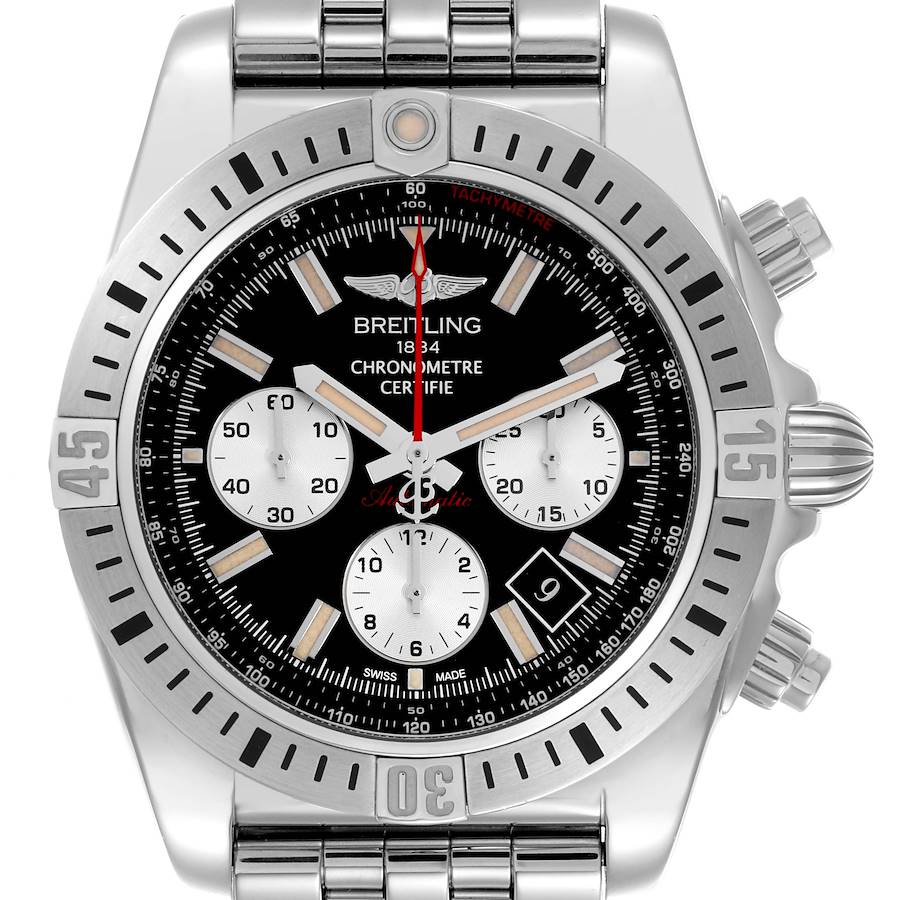 The Breitling Chronomat watch is shown from the front, highlighting the dial, bezel, crown, and steel bracelet.