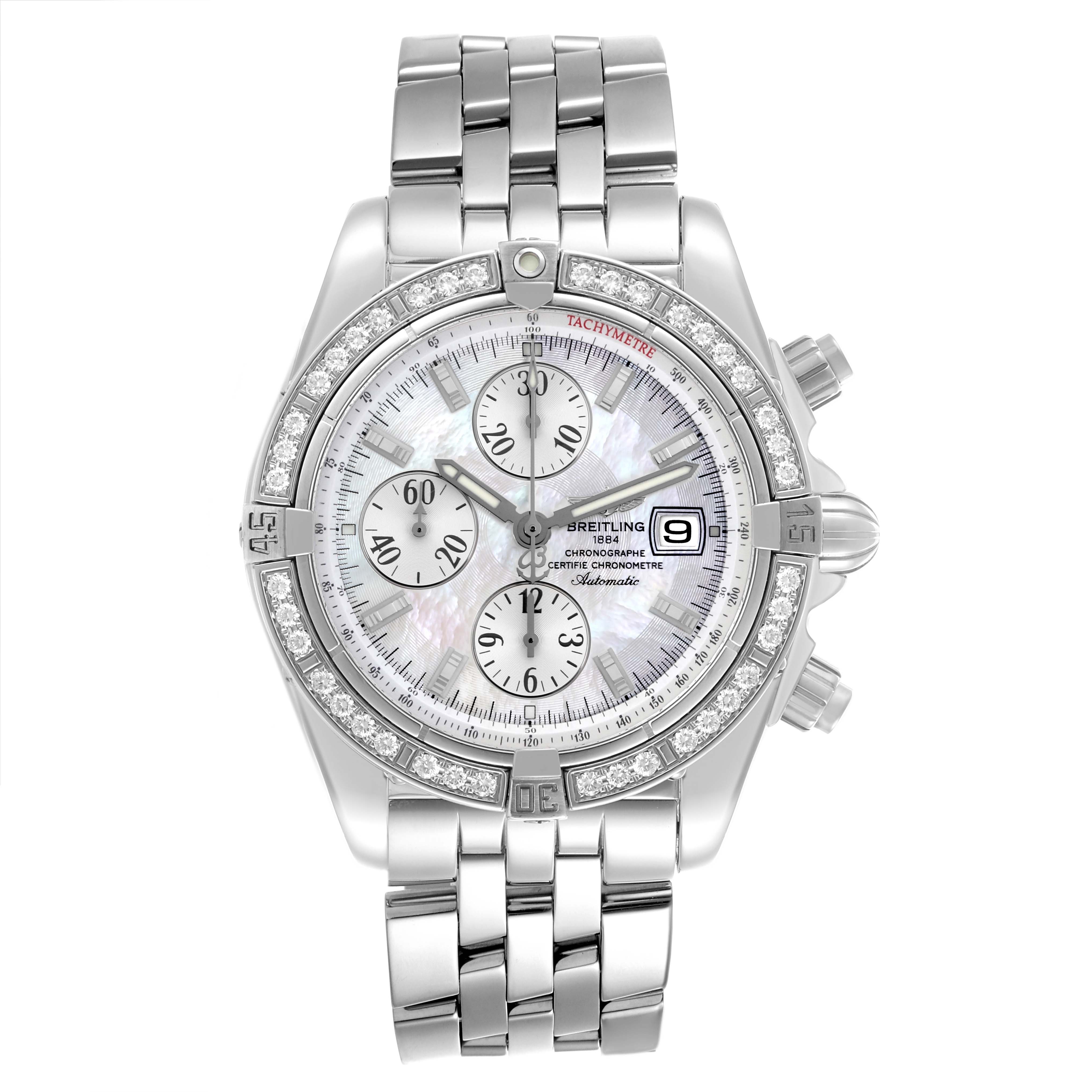 The Breitling Chronomat A13356 Men's Stainless Steel Mother of Pearl Dial A13356 Men's Stainless Steel Mother of Pearl Dial watch is shown front-on, displaying the face, bezel, and bracelet.