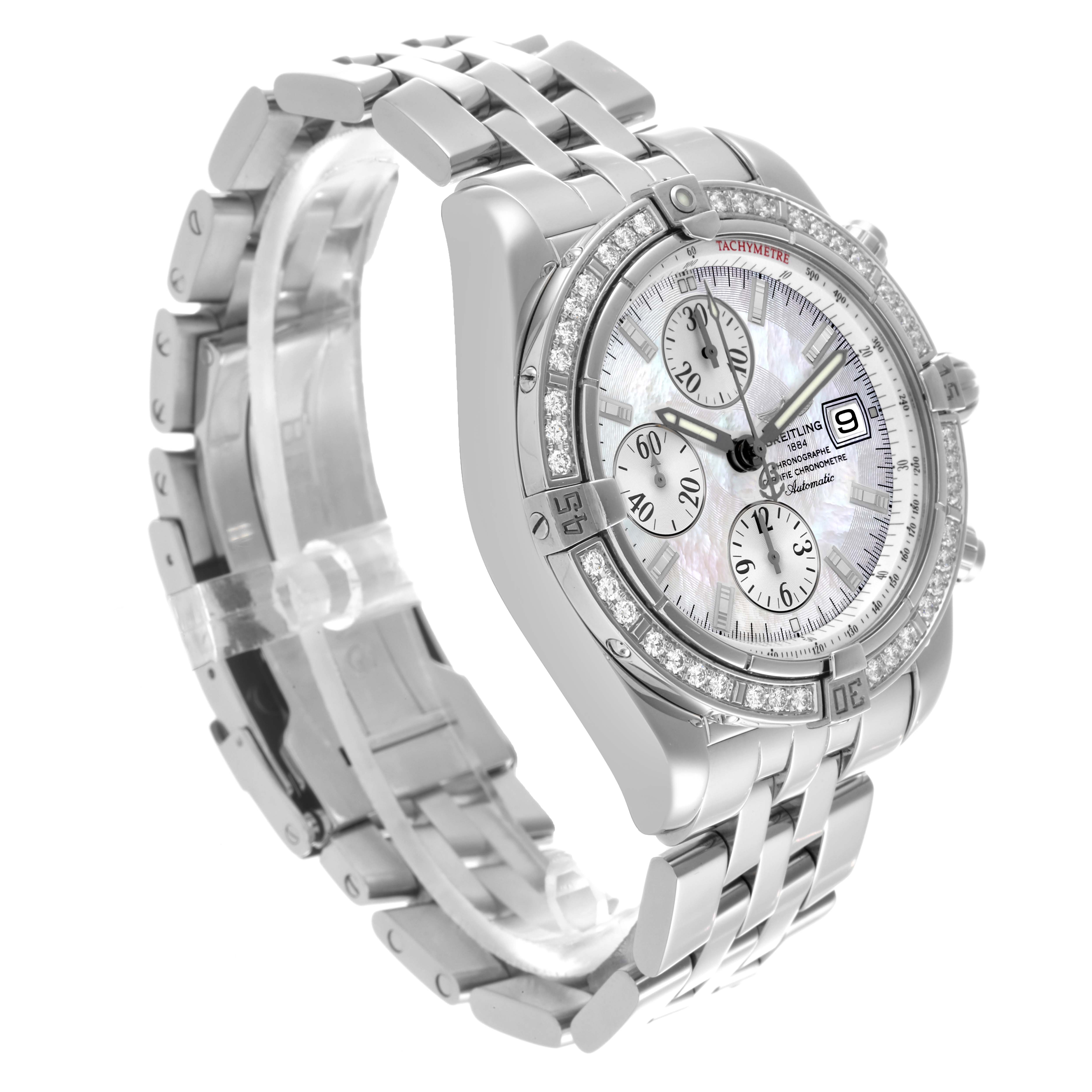 The Breitling Chronomat A13356 Men's Stainless Steel Mother of Pearl Dial A13356 Men's Stainless Steel Mother of Pearl Dial watch is shown at a three-quarter angle, displaying its face, bezel, and bracelet.