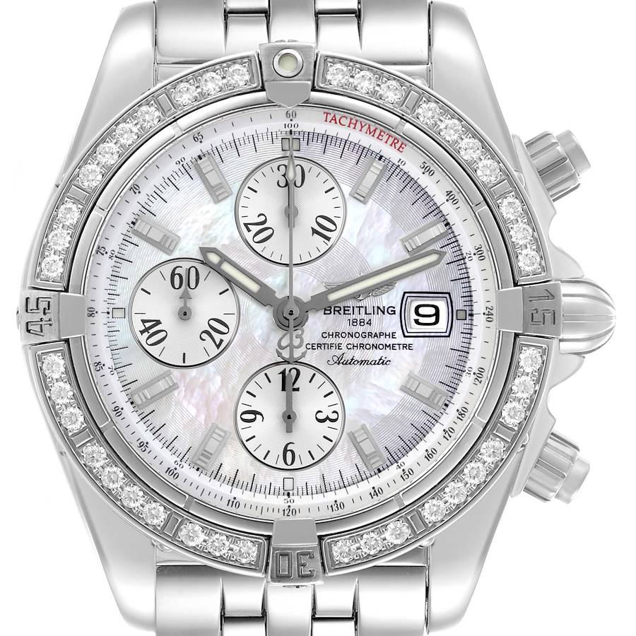 The Breitling Chronomat watch is shown from a front angle, highlighting its dial, bezel, and subdials.