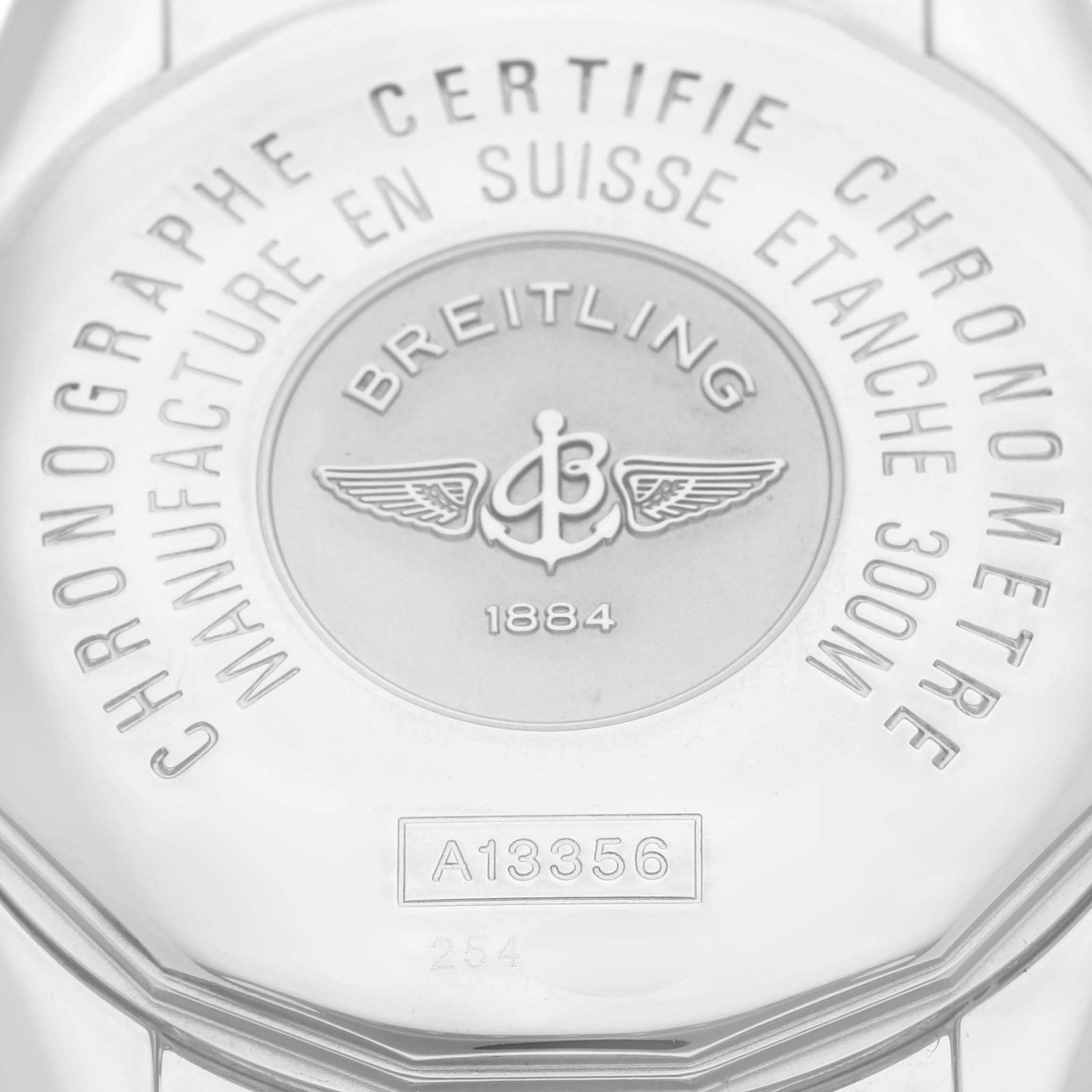 The image shows the back case of the Breitling Chronomat A13356 Men's Stainless Steel Mother of Pearl Dial A13356 Men's Stainless Steel Mother of Pearl Dial watch, featuring branding and model details.