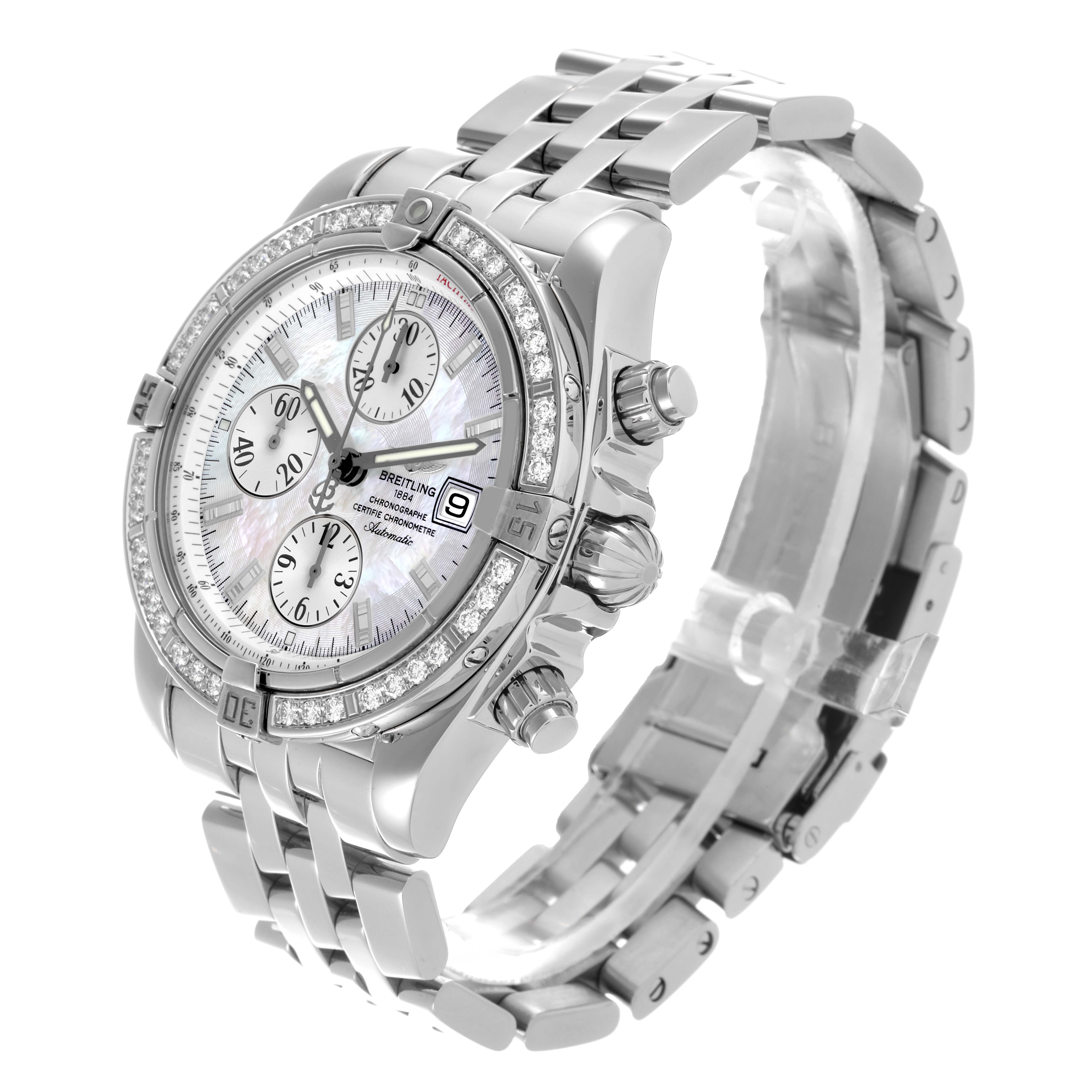 The Breitling Chronomat A13356 Men's Stainless Steel Mother of Pearl Dial A13356 Men's Stainless Steel Mother of Pearl Dial watch is shown at a three-quarter angle displaying the dial, bezel, and bracelet.