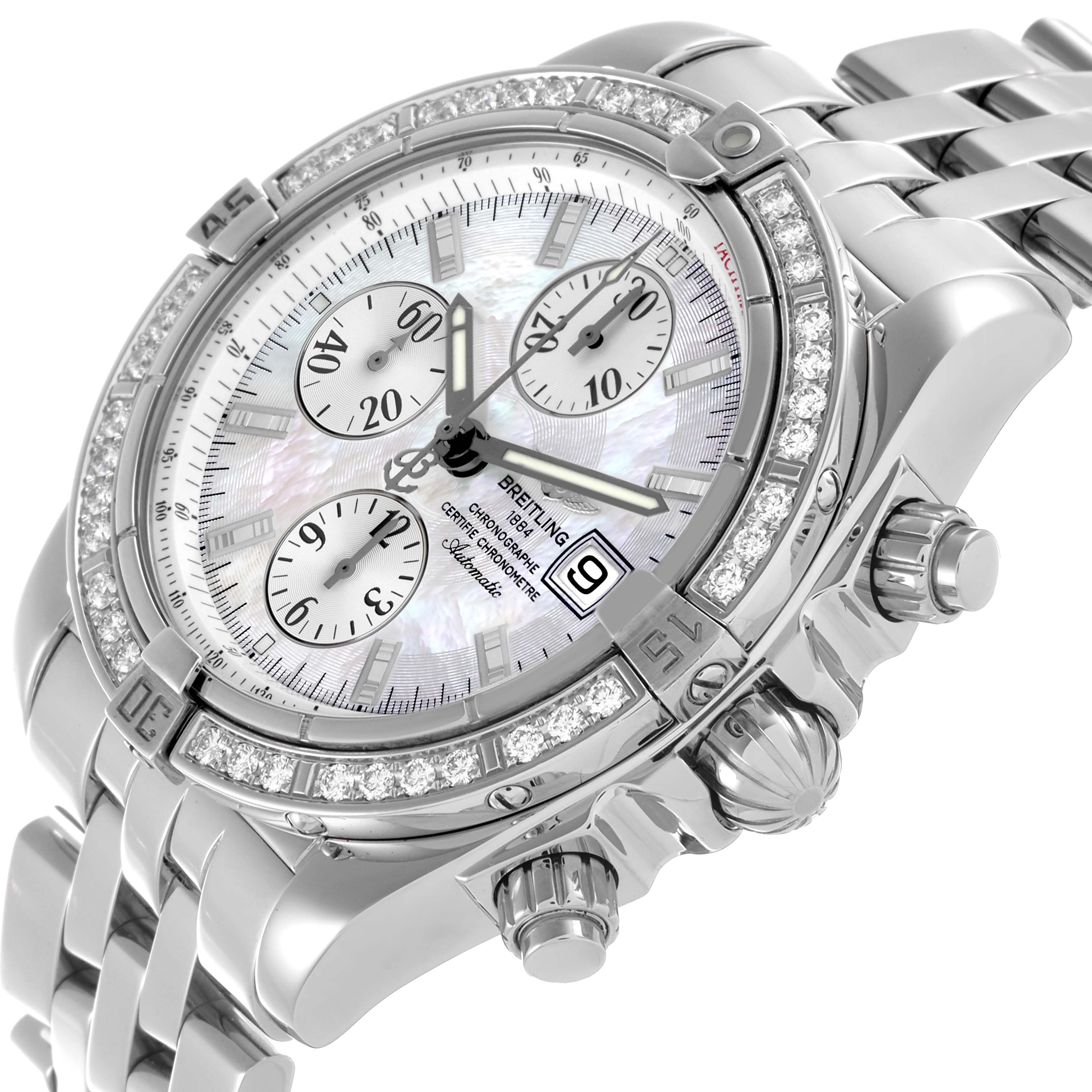 The Breitling Chronomat A13356 Men's Stainless Steel Mother of Pearl Dial A13356 Men's Stainless Steel Mother of Pearl Dial is shown in a close-up, angled view highlighting the dial, diamond bezel, and bracelet.