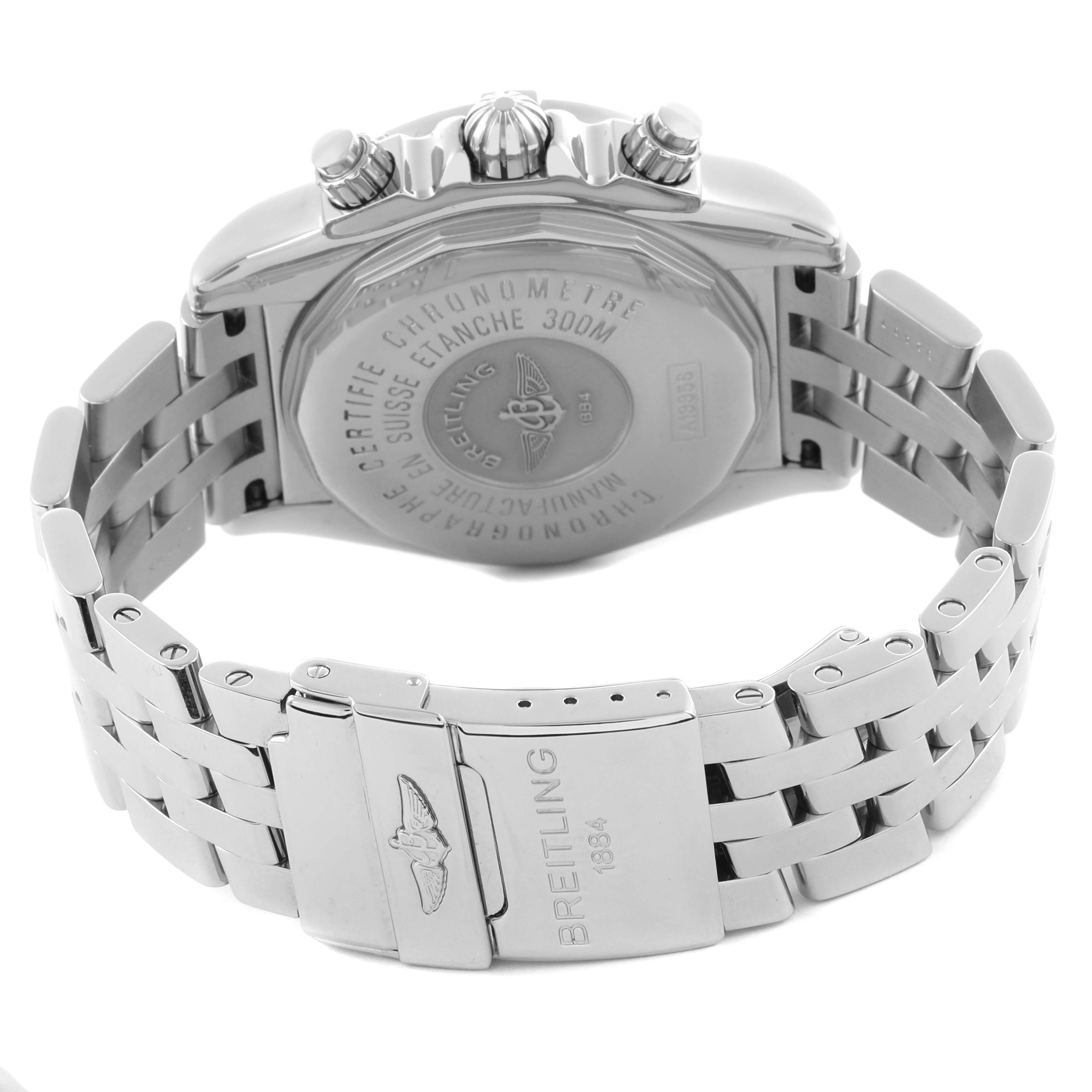 The Breitling Chronomat A13356 Men's Stainless Steel Mother of Pearl Dial A13356 Men's Stainless Steel Mother of Pearl Dial watch is shown from the back, highlighting the case back, clasp, and bracelet links.