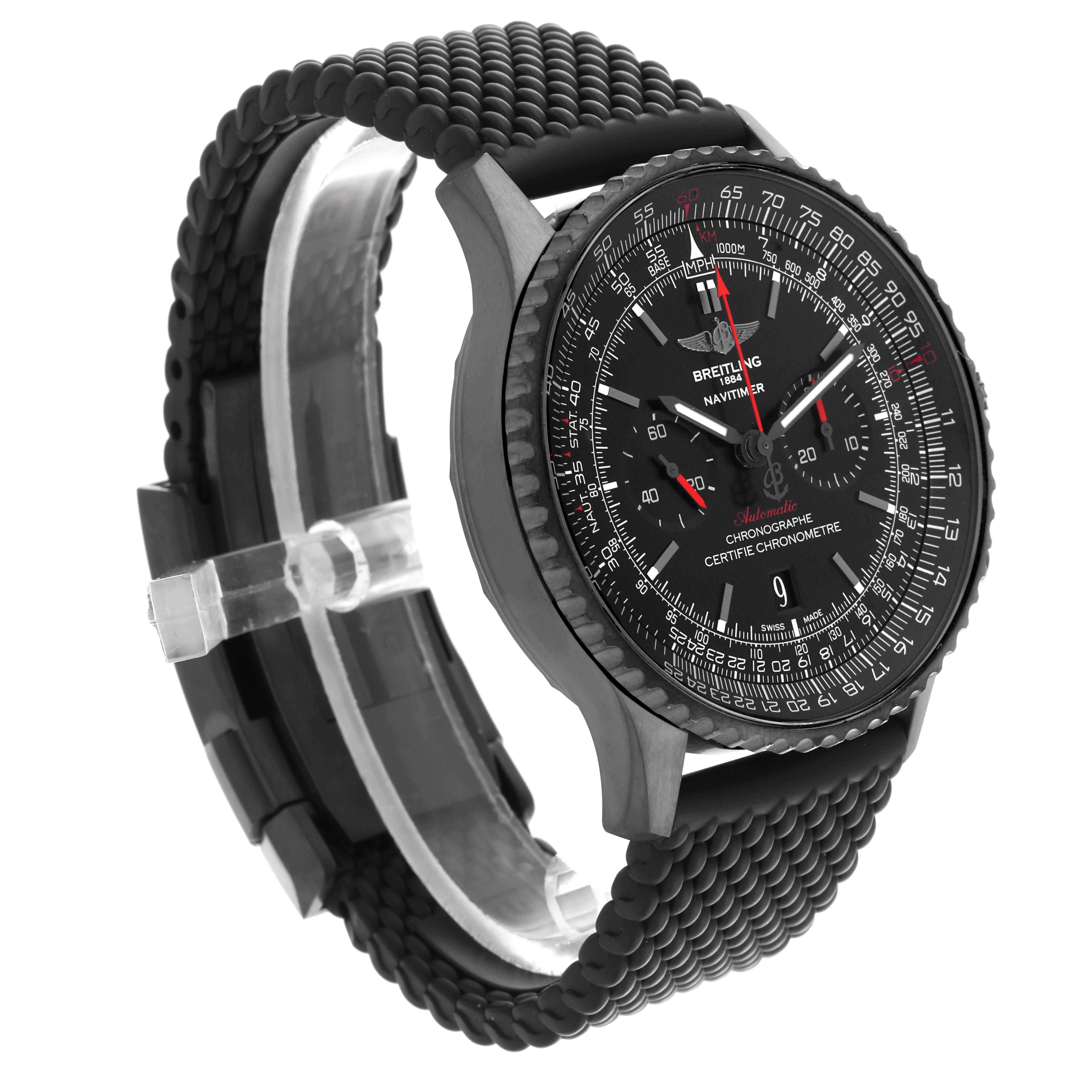 The Breitling Navitimer MB012822/BE51 Men
s Stainless Steel Black Dial MB012822/BE51 Men
s Stainless Steel Black Dial watch is shown from a three-quarter angle, highlighting the bezel, dial, and textured strap.