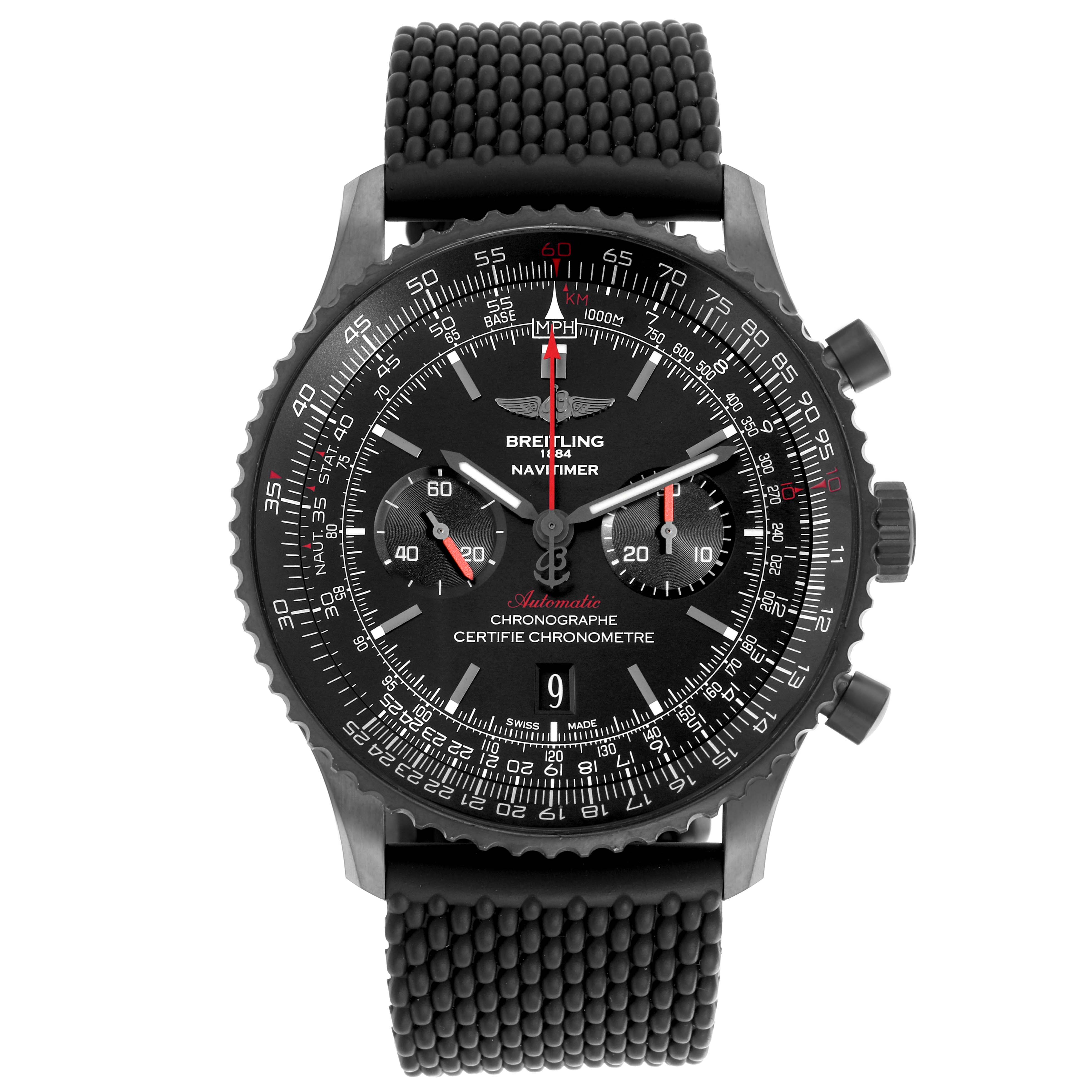 The Breitling Navitimer MB012822/BE51 Men
s Stainless Steel Black Dial MB012822/BE51 Men
s Stainless Steel Black Dial watch is shown from the front, displaying the dial, bezel, pushers, and textured strap.