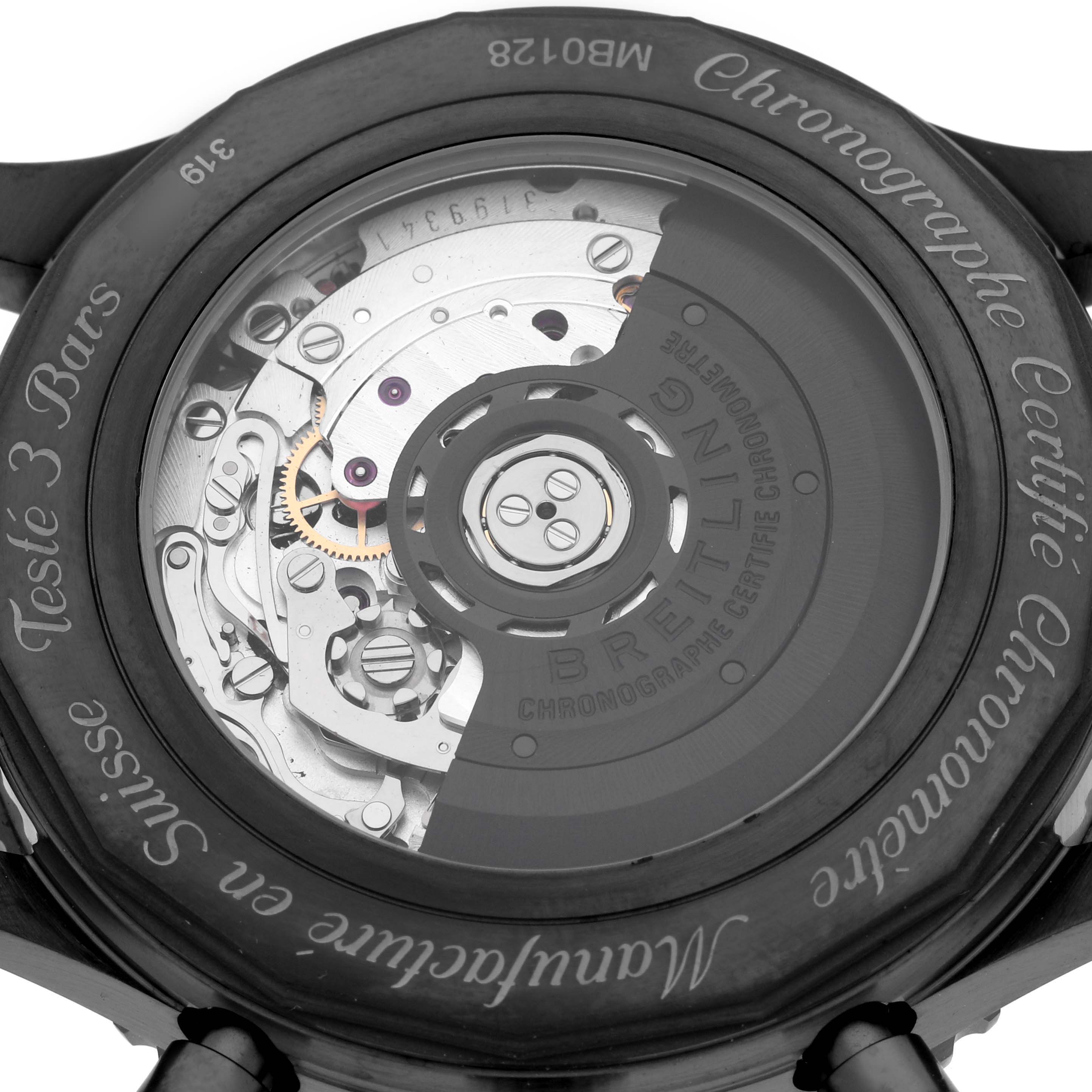 The image shows the transparent case back of a Breitling Navitimer MB012822/BE51 Men
s Stainless Steel Black Dial MB012822/BE51 Men
s Stainless Steel Black Dial watch, revealing its mechanical movement.