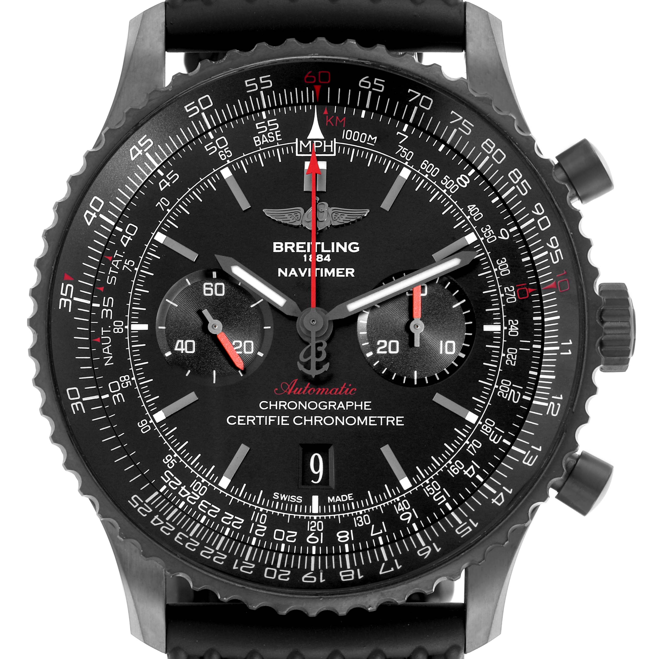 The Breitling Navitimer MB012822/BE51 Men
s Stainless Steel Black Dial MB012822/BE51 Men
s Stainless Steel Black Dial watch is shown from a front angle, highlighting its dial, subdials, bezel, and crown.