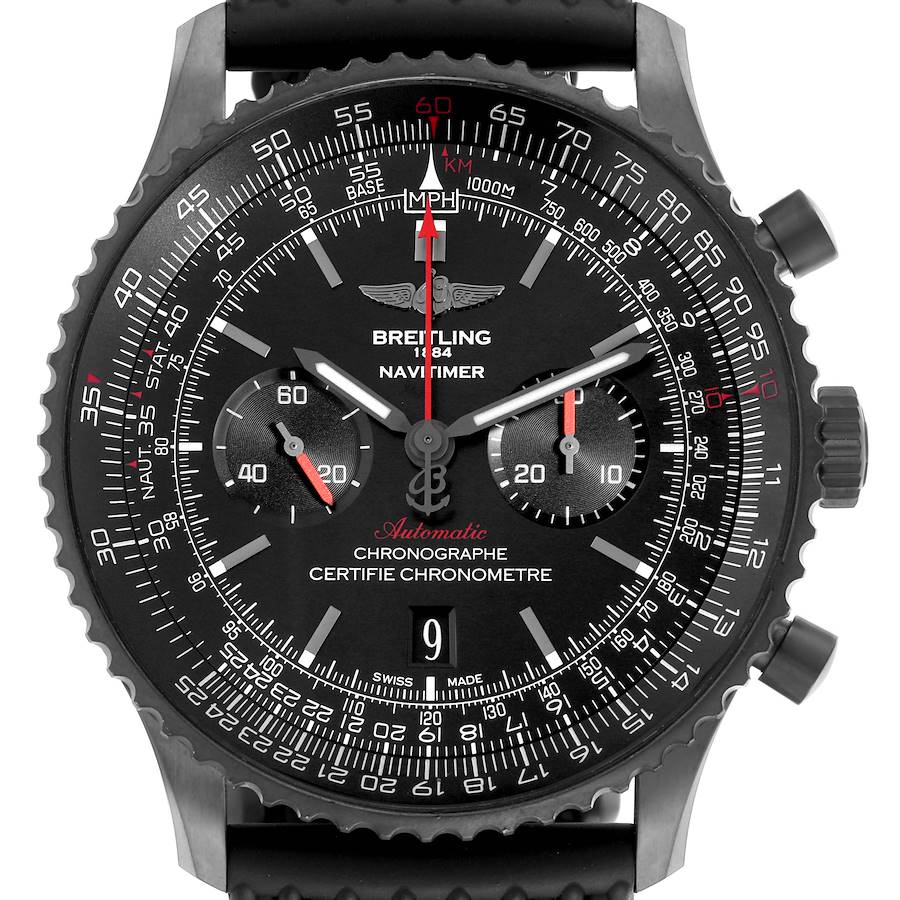 The Breitling Navitimer watch is shown from a front angle, highlighting its dial, subdials, bezel, and crown.