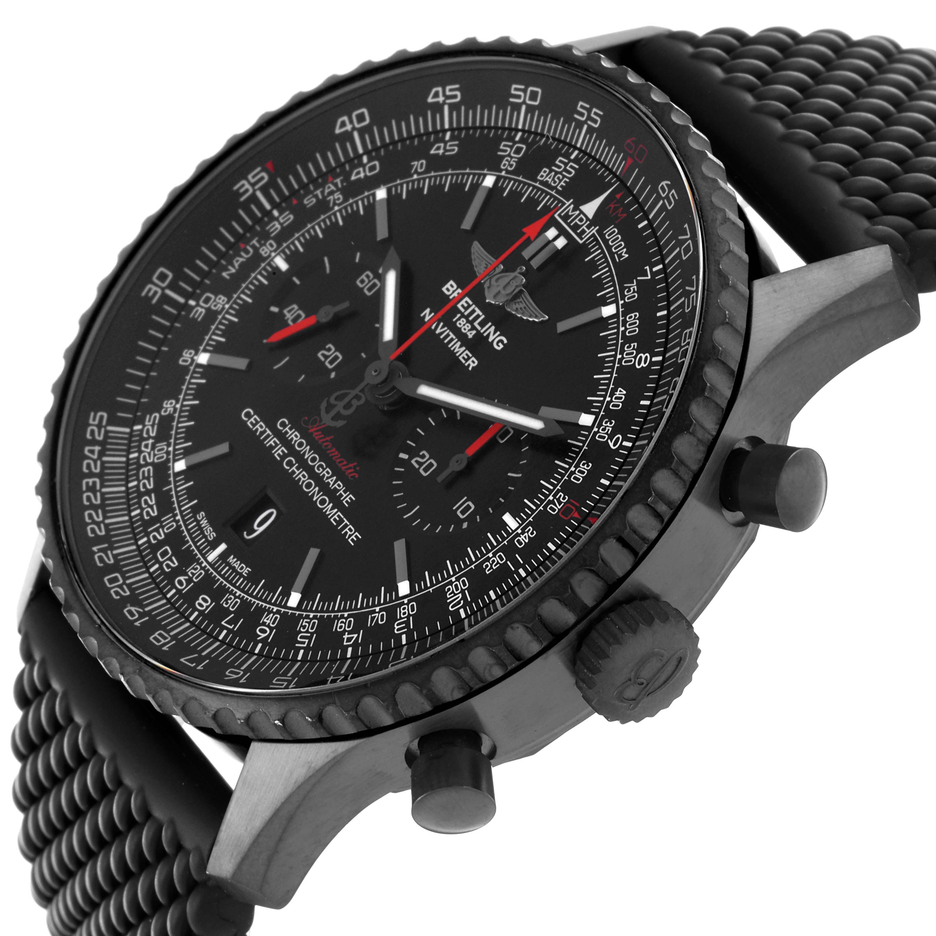 The Breitling Navitimer MB012822/BE51 Men
s Stainless Steel Black Dial MB012822/BE51 Men
s Stainless Steel Black Dial watch is shown at an oblique angle, highlighting the case, bezel, dial, and side pushers.