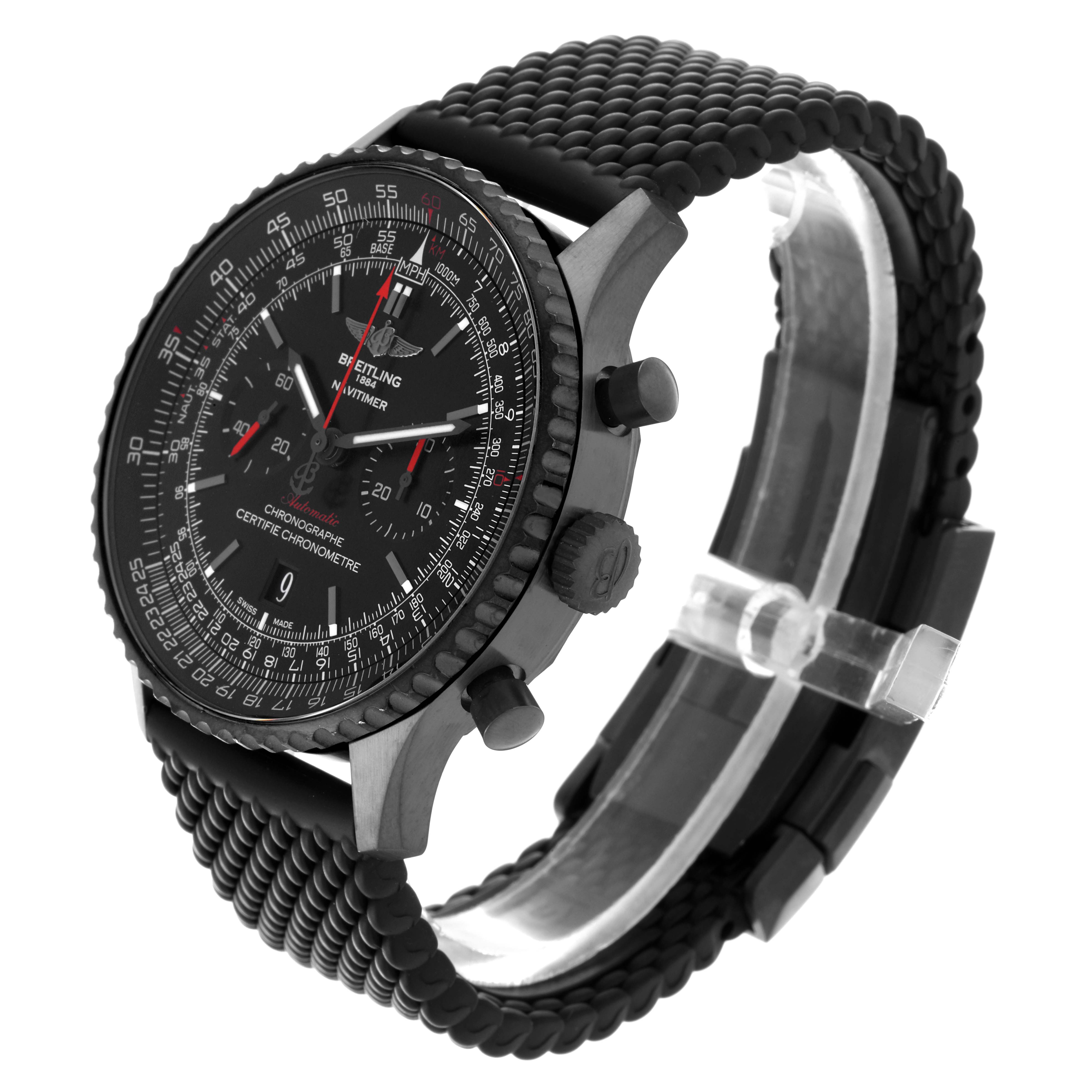 The image shows a Breitling Navitimer MB012822/BE51 Men
s Stainless Steel Black Dial MB012822/BE51 Men
s Stainless Steel Black Dial watch at an angle highlighting the face, bezel, crown, pushers, and strap.