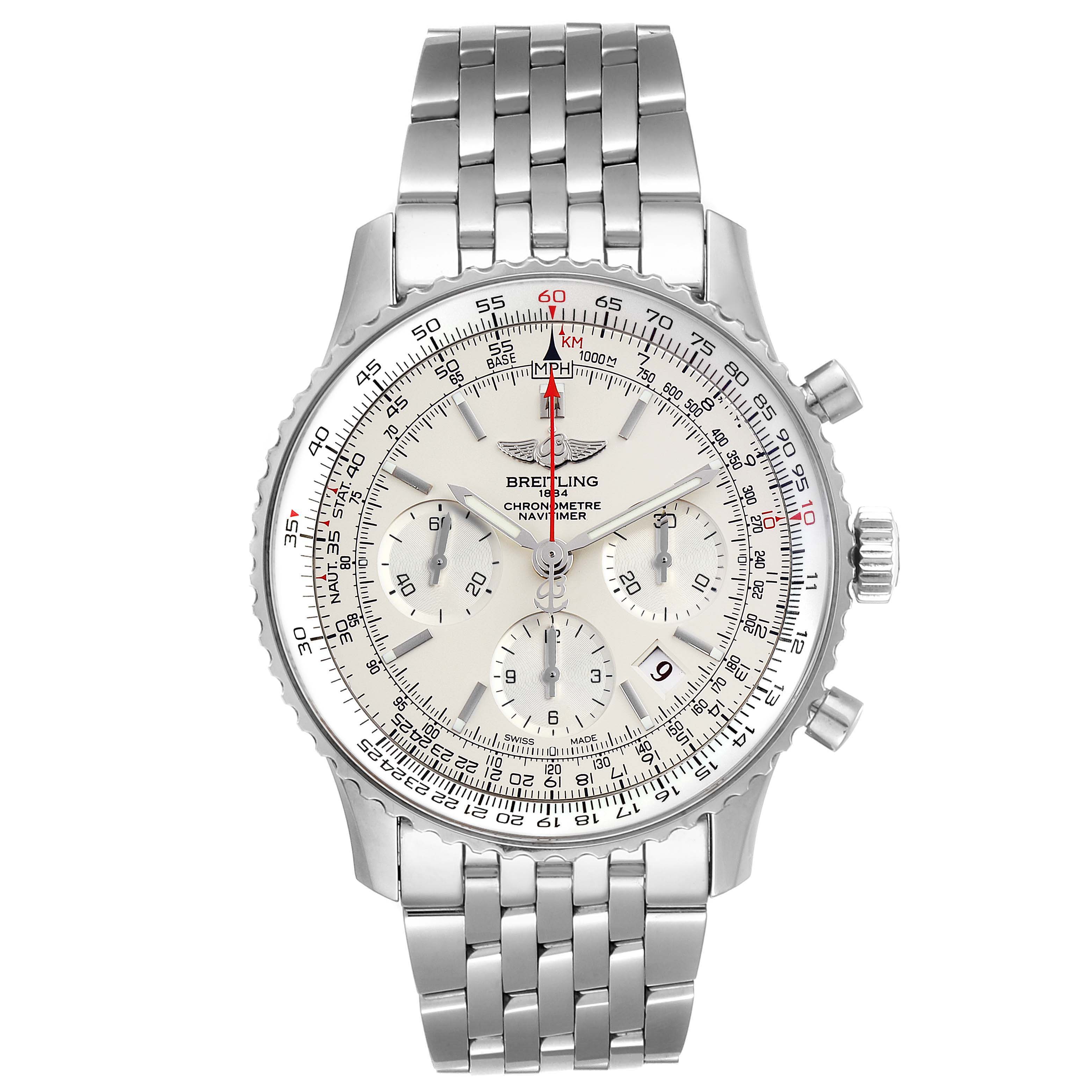 The image shows a front view of the Breitling Navitimer AB0123 Men's Stainless Steel Silver Dial AB0123 Men's Stainless Steel Silver Dial watch, highlighting its stainless steel case, bracelet, and intricate dial.
