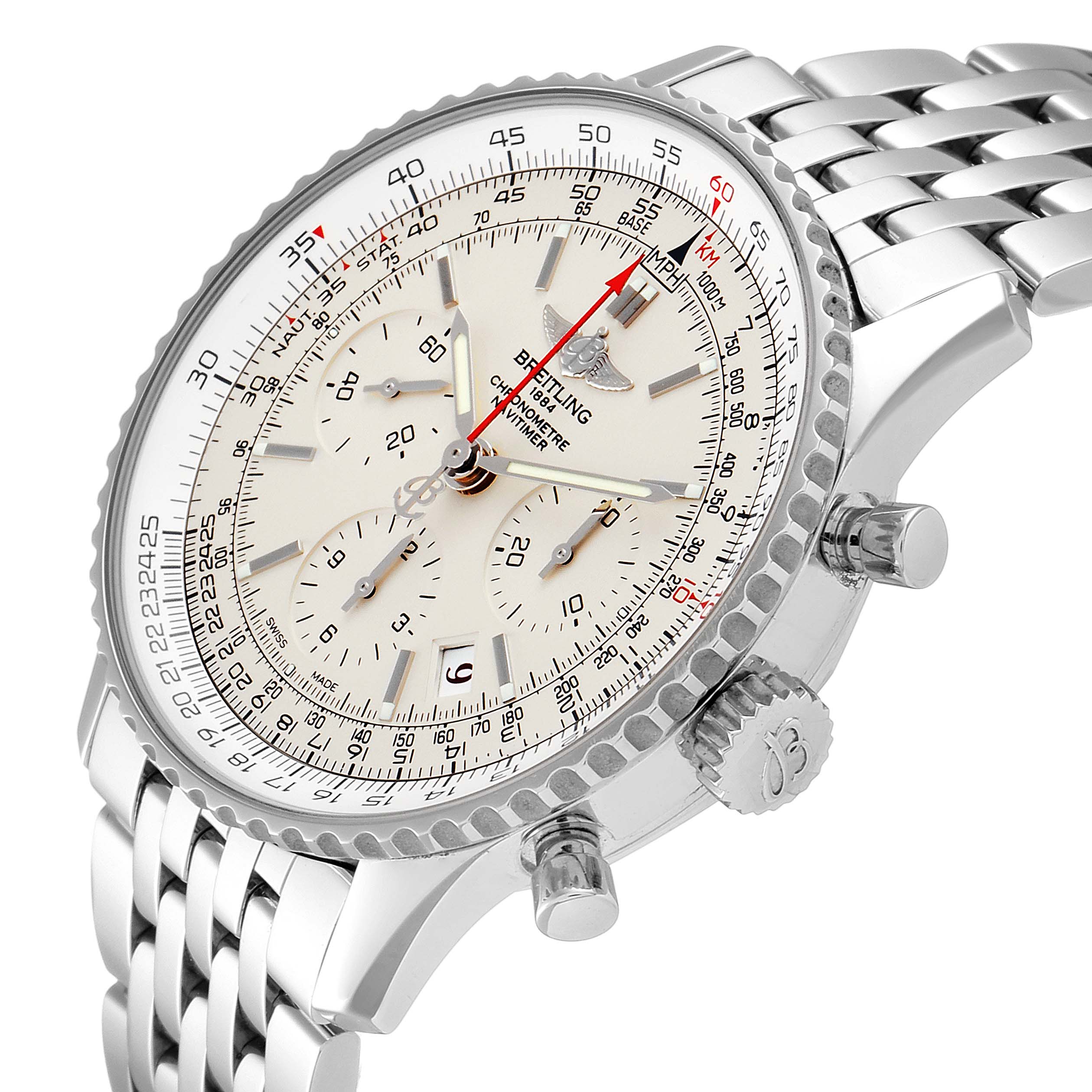 Angled view of the Breitling Navitimer AB0123 Men's Stainless Steel Silver Dial AB0123 Men's Stainless Steel Silver Dial watch showing the dial, crown, pushers, bezel, and part of the metal bracelet.
