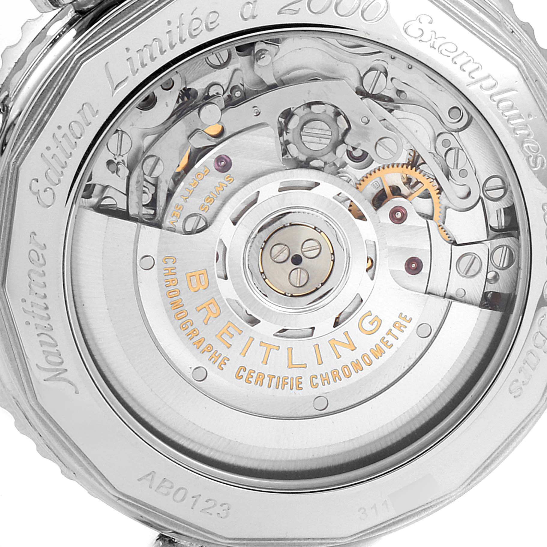The image shows the rear view of a Breitling Navitimer AB0123 Men's Stainless Steel Silver Dial AB0123 Men's Stainless Steel Silver Dial watch, featuring its internal mechanical movement.