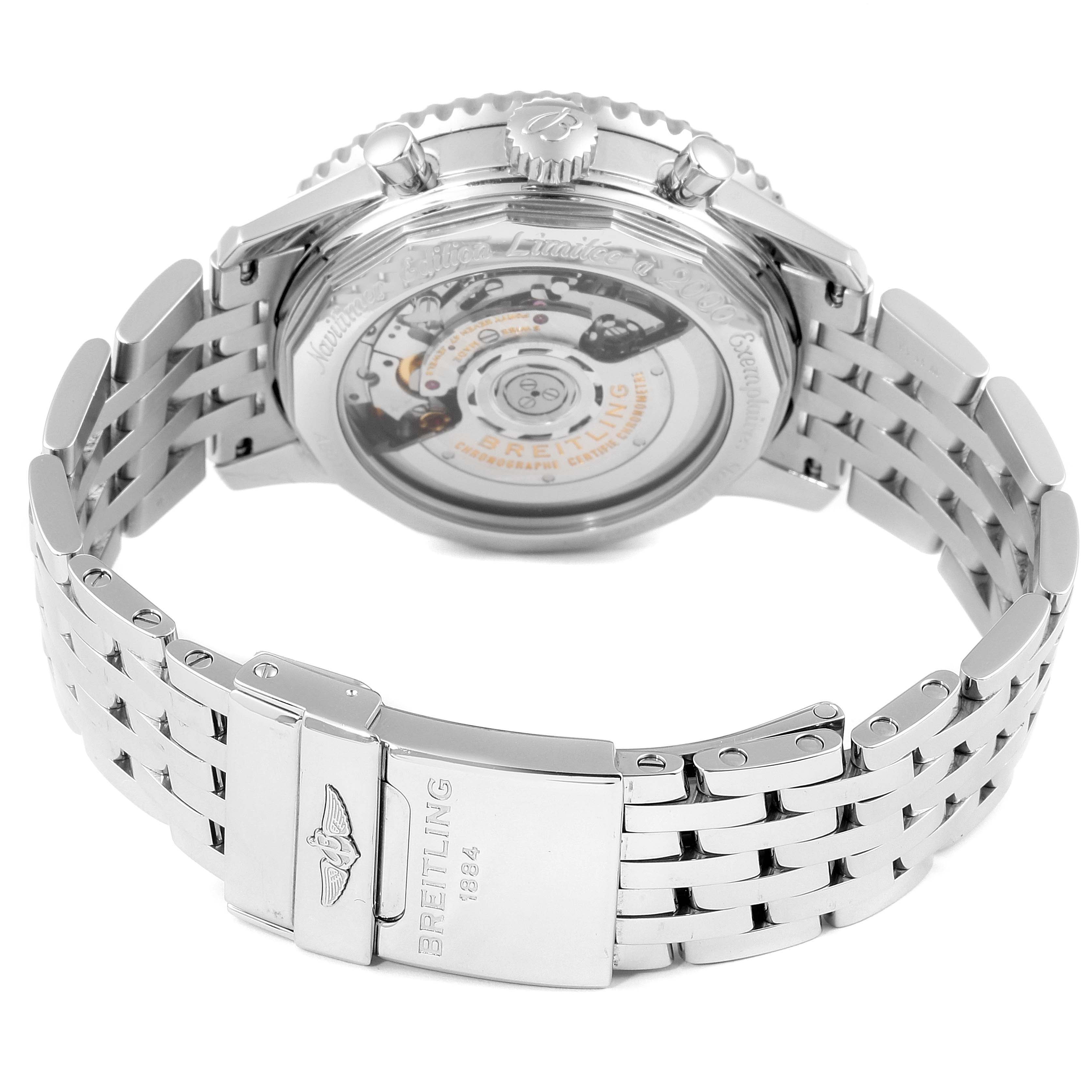 The image shows the back view of a Breitling Navitimer AB0123 Men's Stainless Steel Silver Dial AB0123 Men's Stainless Steel Silver Dial watch, highlighting the case back and part of the bracelet.