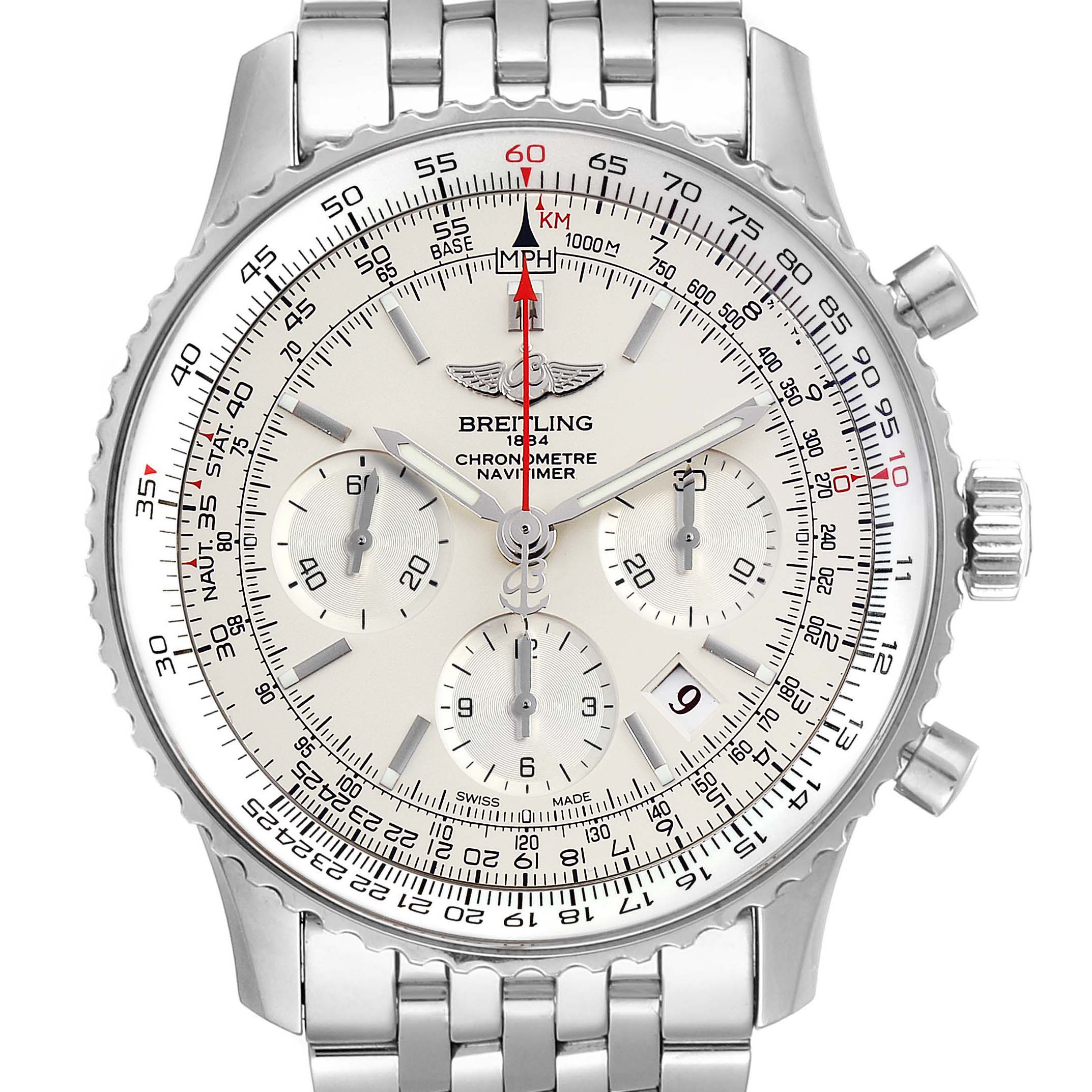 This image shows the front view of the Breitling Navitimer AB0123 Men's Stainless Steel Silver Dial AB0123 Men's Stainless Steel Silver Dial watch, highlighting its dial, chronograph subdials, and stainless steel bracelet.