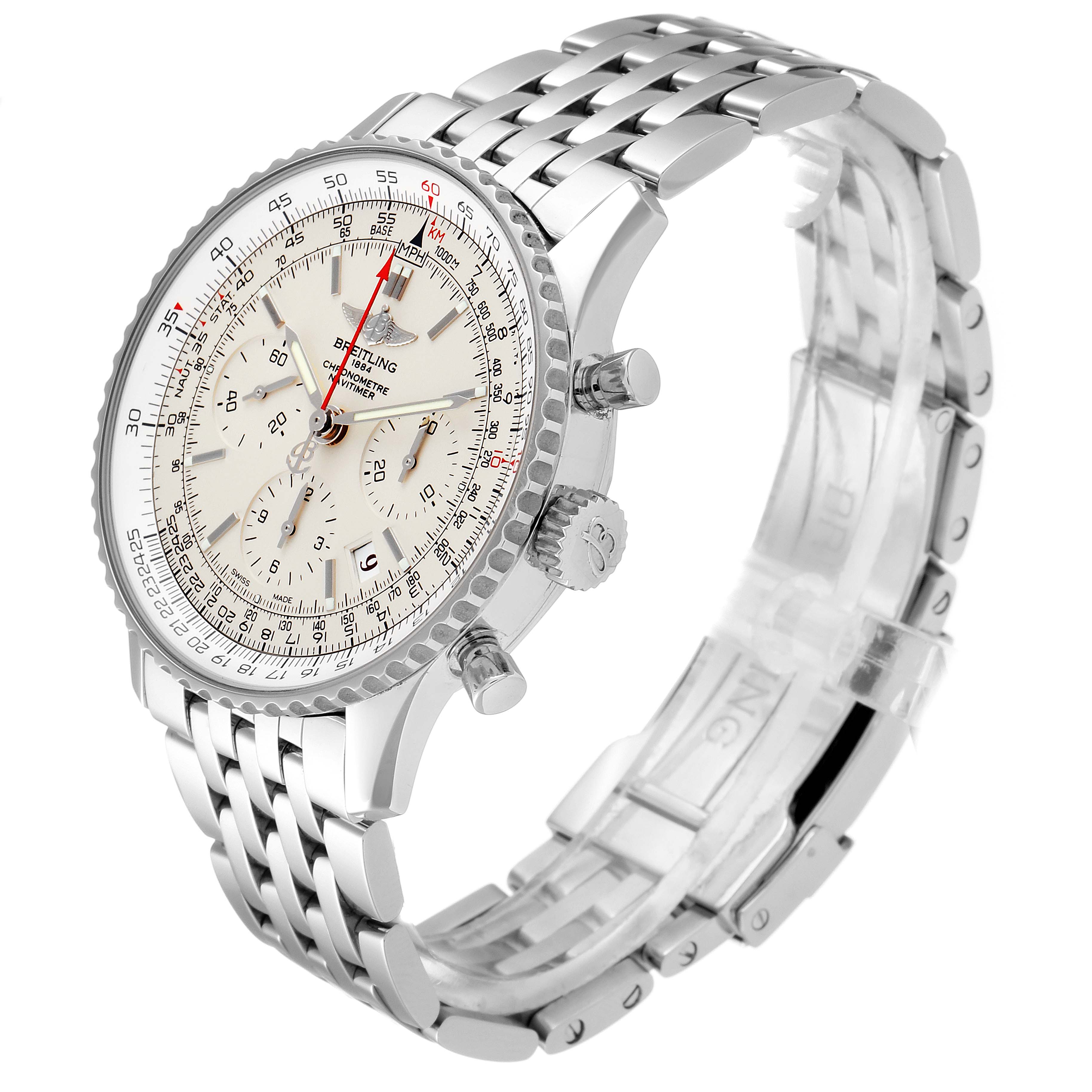 The image shows a side angle of a Breitling Navitimer AB0123 Men's Stainless Steel Silver Dial AB0123 Men's Stainless Steel Silver Dial watch, highlighting its dial, bezel, chronograph pushers, and metal bracelet.
