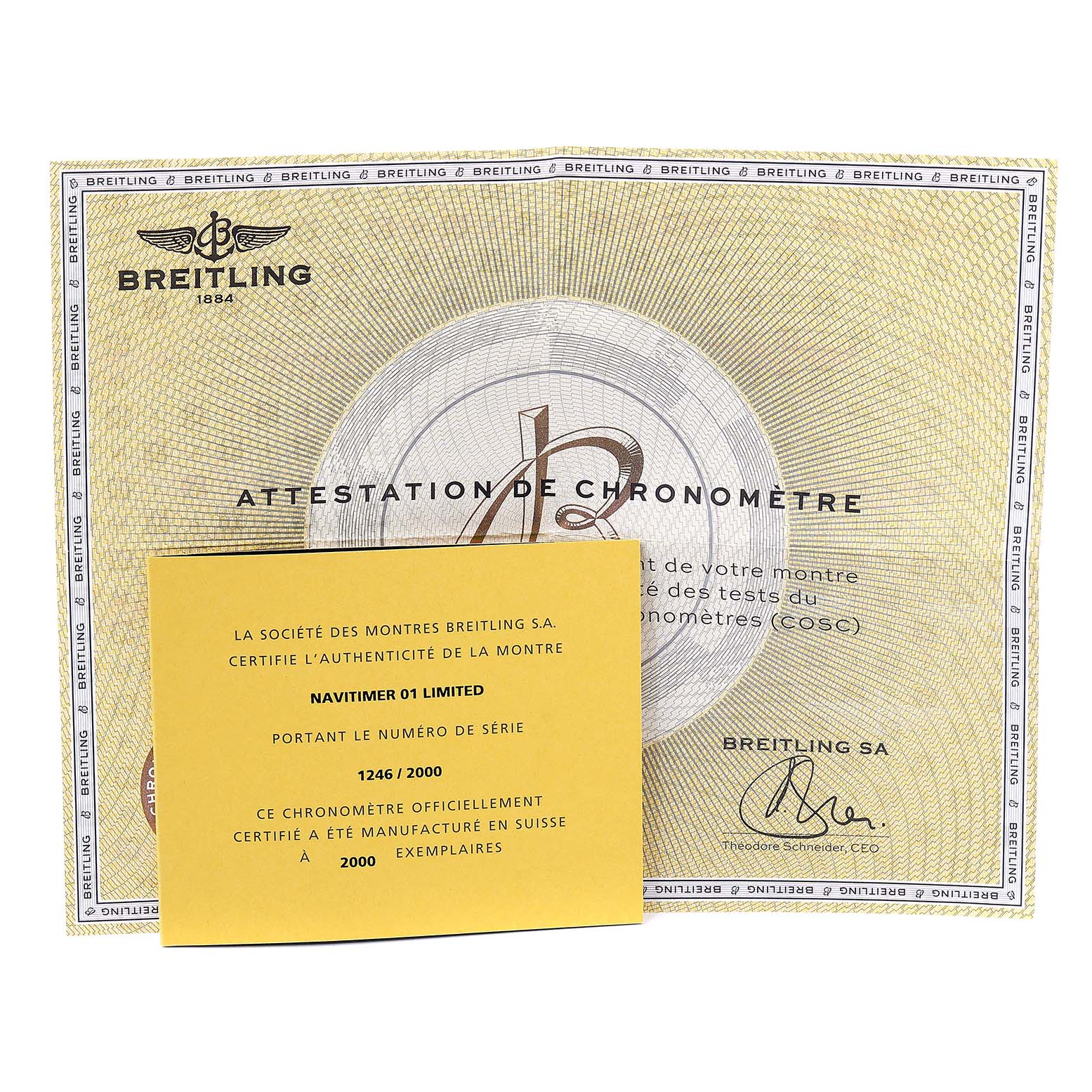 The image shows a Breitling Navitimer AB0123 Men's Stainless Steel Silver Dial AB0123 Men's Stainless Steel Silver Dial 01 Limited edition certificate of chronometer authenticity.