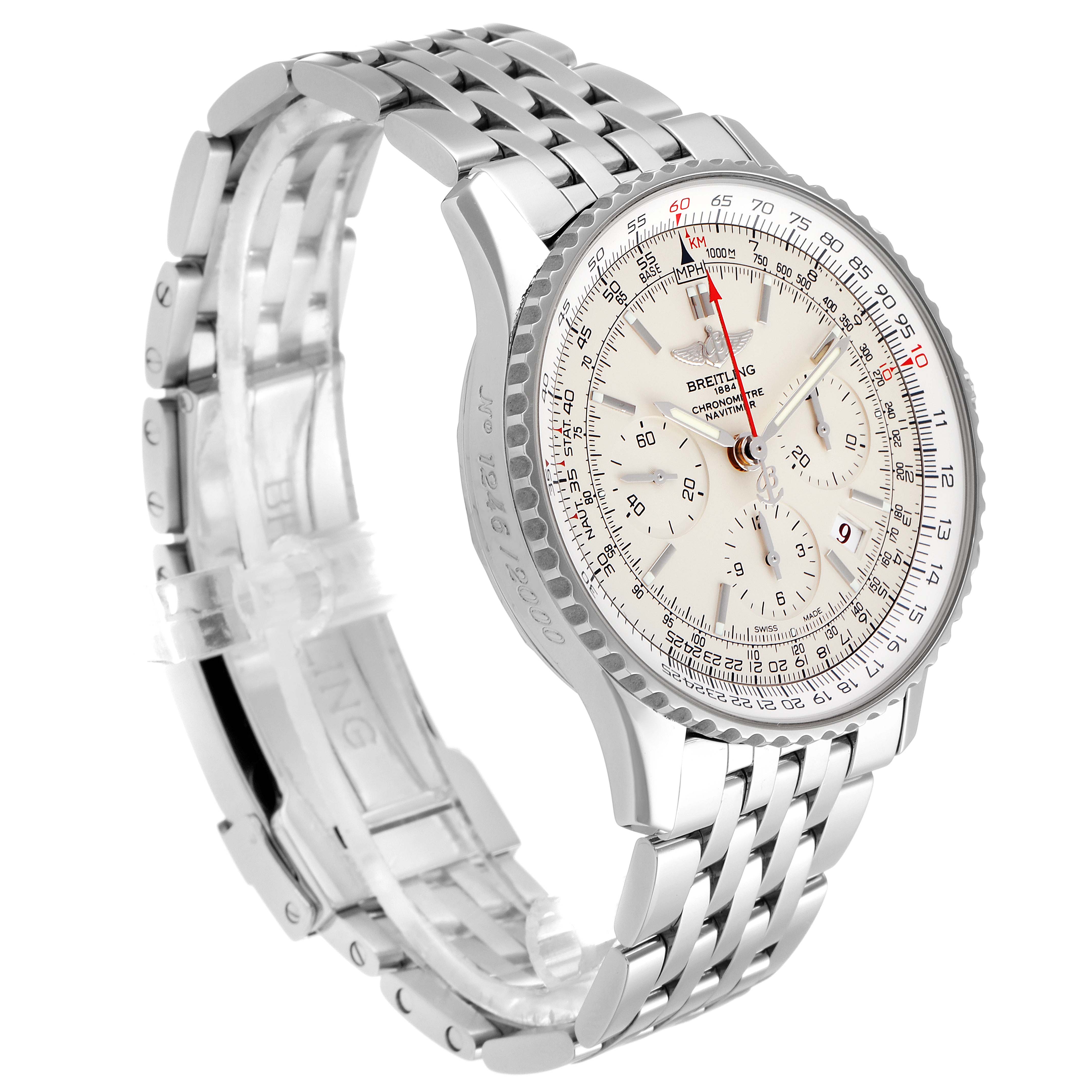 This image shows a Breitling Navitimer AB0123 Men's Stainless Steel Silver Dial AB0123 Men's Stainless Steel Silver Dial watch at a slight angle from the front, displaying its face, bezel, and metal bracelet.