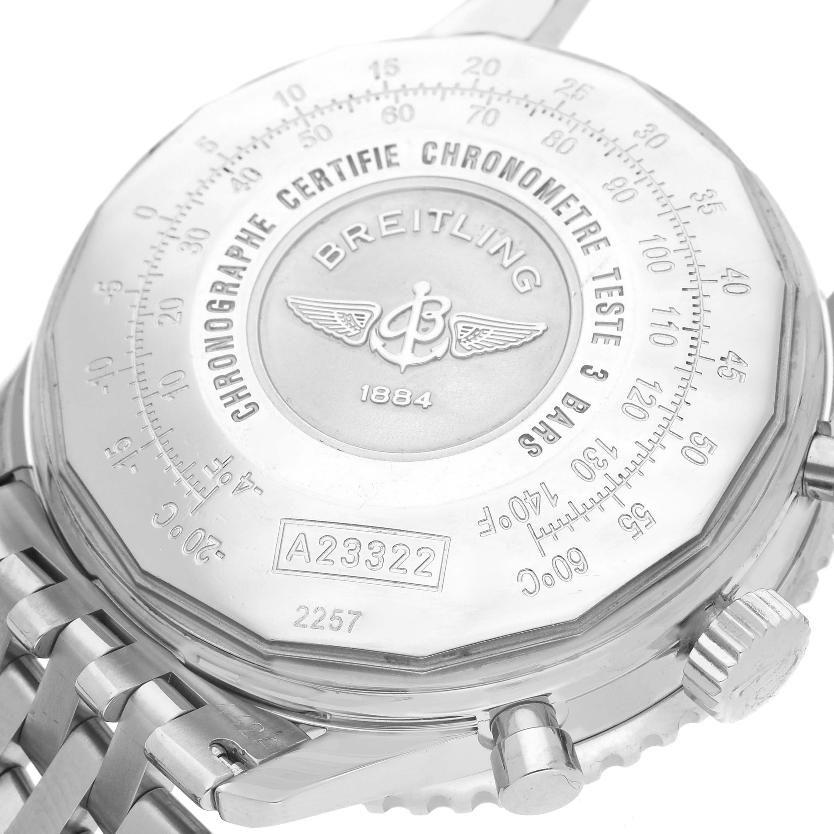 The Breitling Navitimer A23322 Men
s Stainless Steel Blue Dial A23322 Men
s Stainless Steel Blue Dial watch is shown from the back, highlighting its chronometer certification details and metal bracelet.