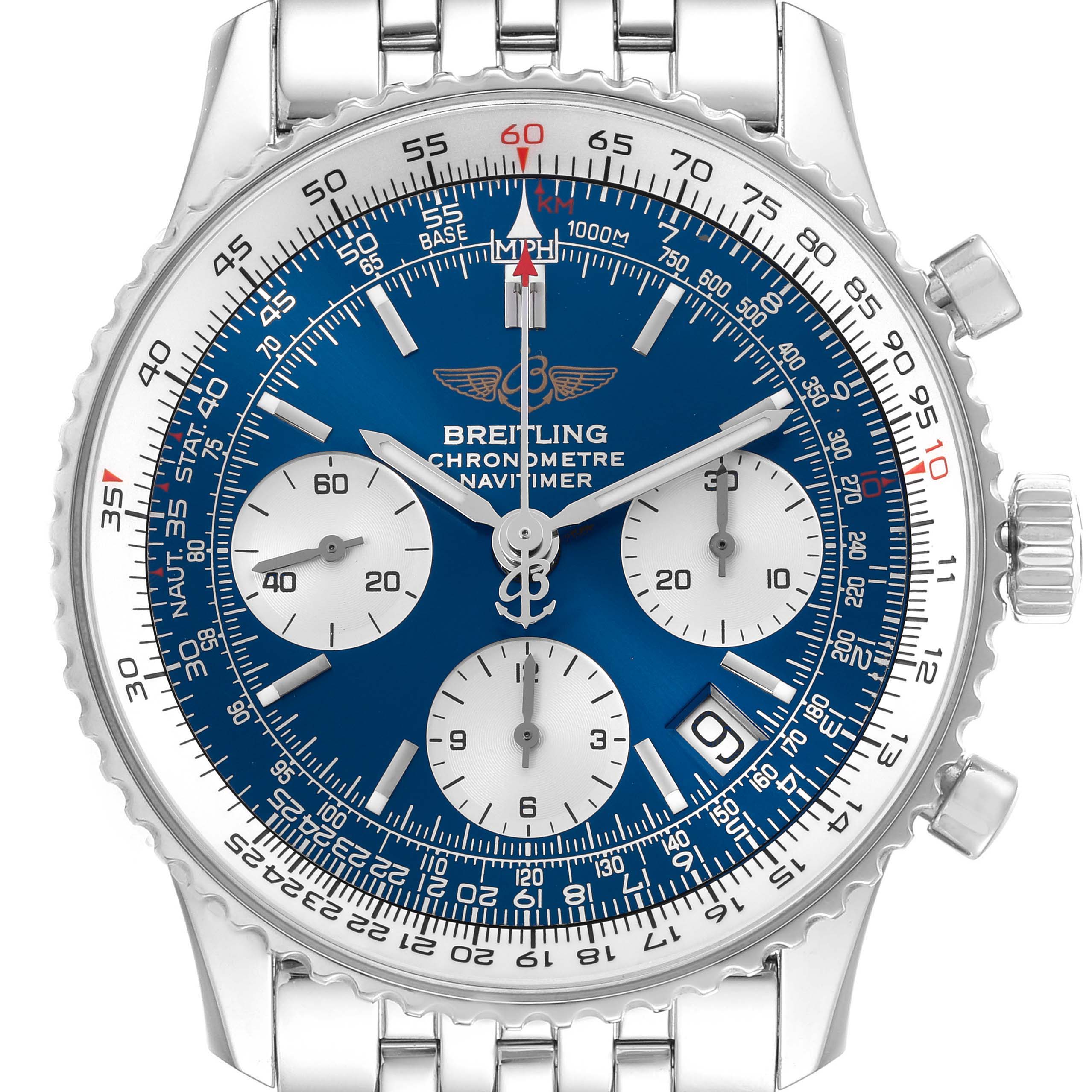 The Breitling Navitimer A23322 Men
s Stainless Steel Blue Dial A23322 Men
s Stainless Steel Blue Dial is shown from the front, highlighting the dial, subdials, bezel, and partial bracelet.