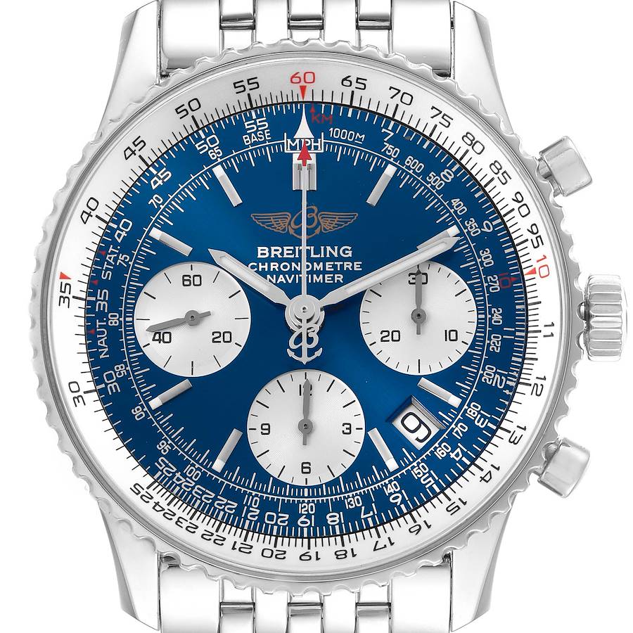 The Breitling Navitimer is shown from the front, highlighting the dial, subdials, bezel, and partial bracelet.